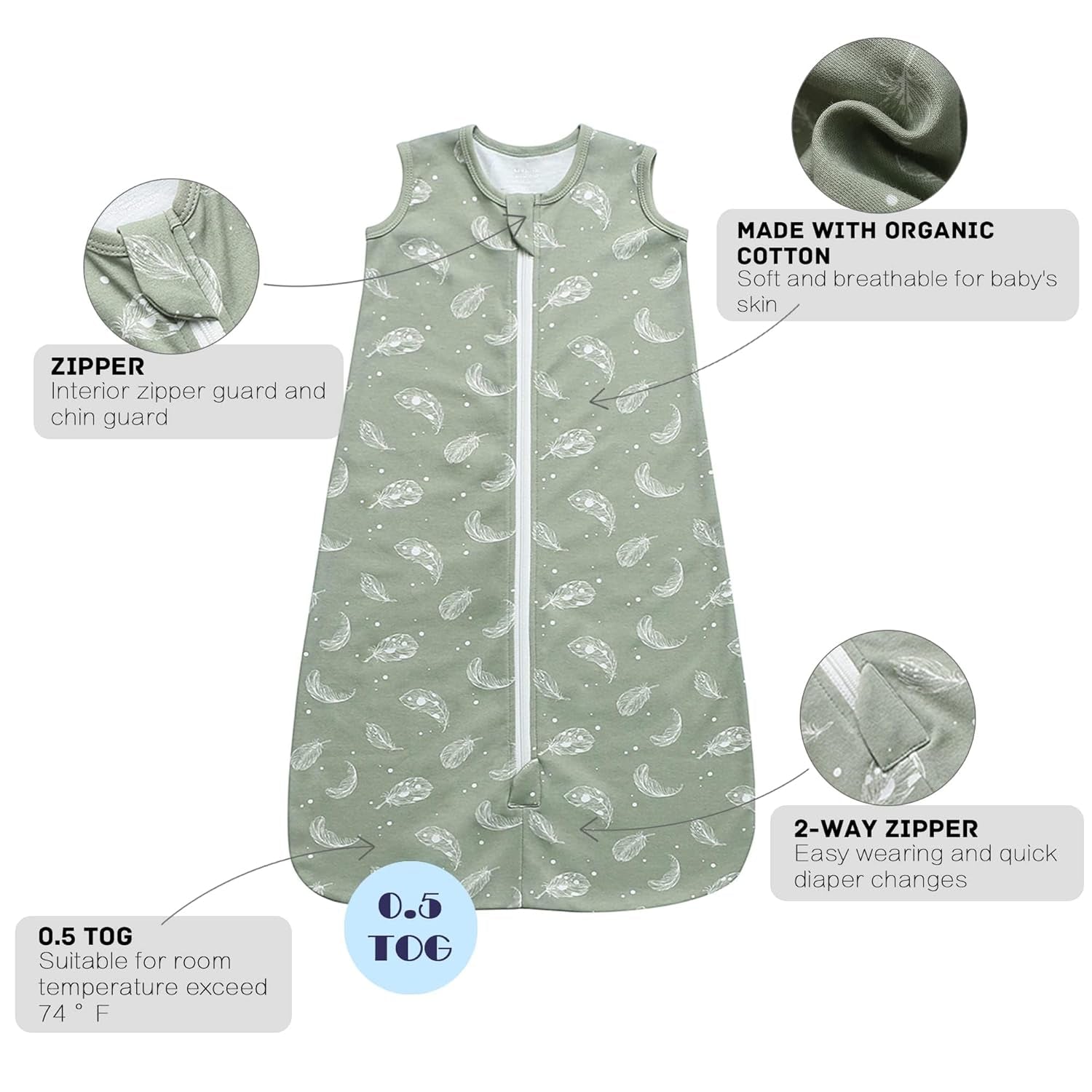 Owliwia Organic Cotton Sleep Sack - Lightweight 0.5 TOG Wearable Blanket With 2 - Way Zipper for Baby's All - Night Comfort.
