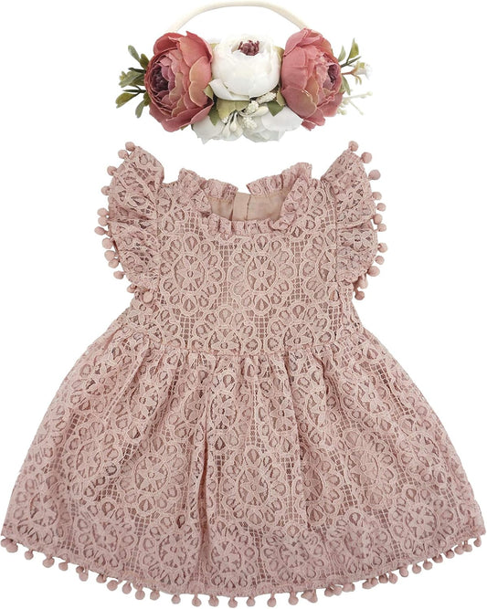 Sweet Baby Girl Tutu Dress Set - Soft Lace, Cute Sleeves & Matching Flower Headband for Birthday or Photoshoot