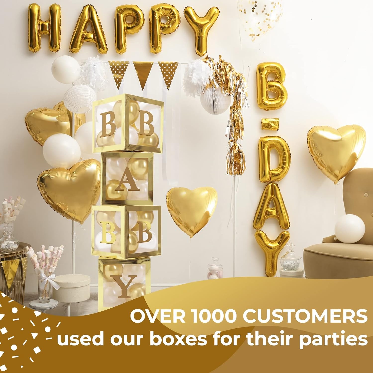 Celebrate in Style with the Vellax 44-Piece Baby Shower Decoration Set – Featuring 32 Elegant Gold & White Balloons, 4 Charming Gold Blocks, and 8 Delightful Letters!