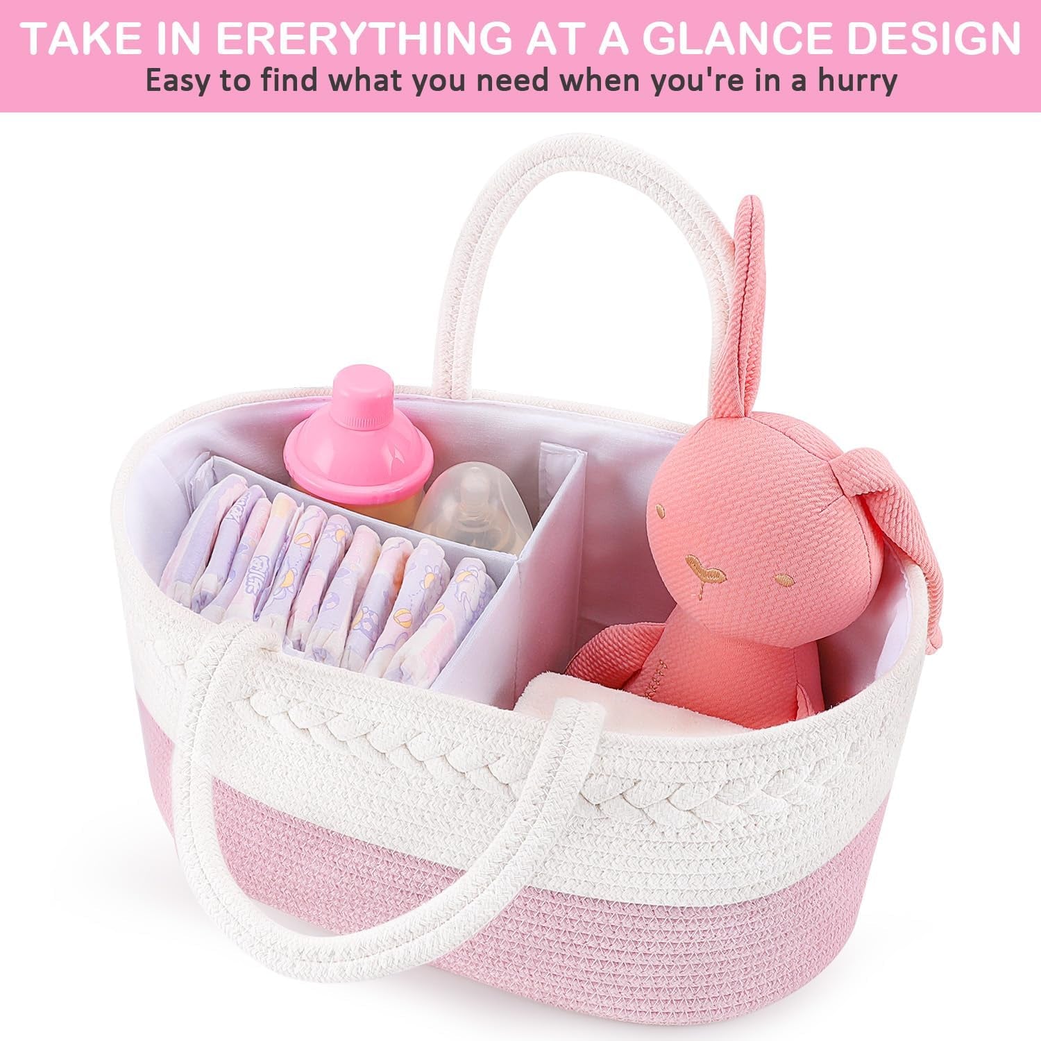 Diaper Caddy Organizer - Cotton Rope Nursery Storage Basket for Baby Essentials, Boys & Girls Shower Gift, Changing Table Organizer, Pink