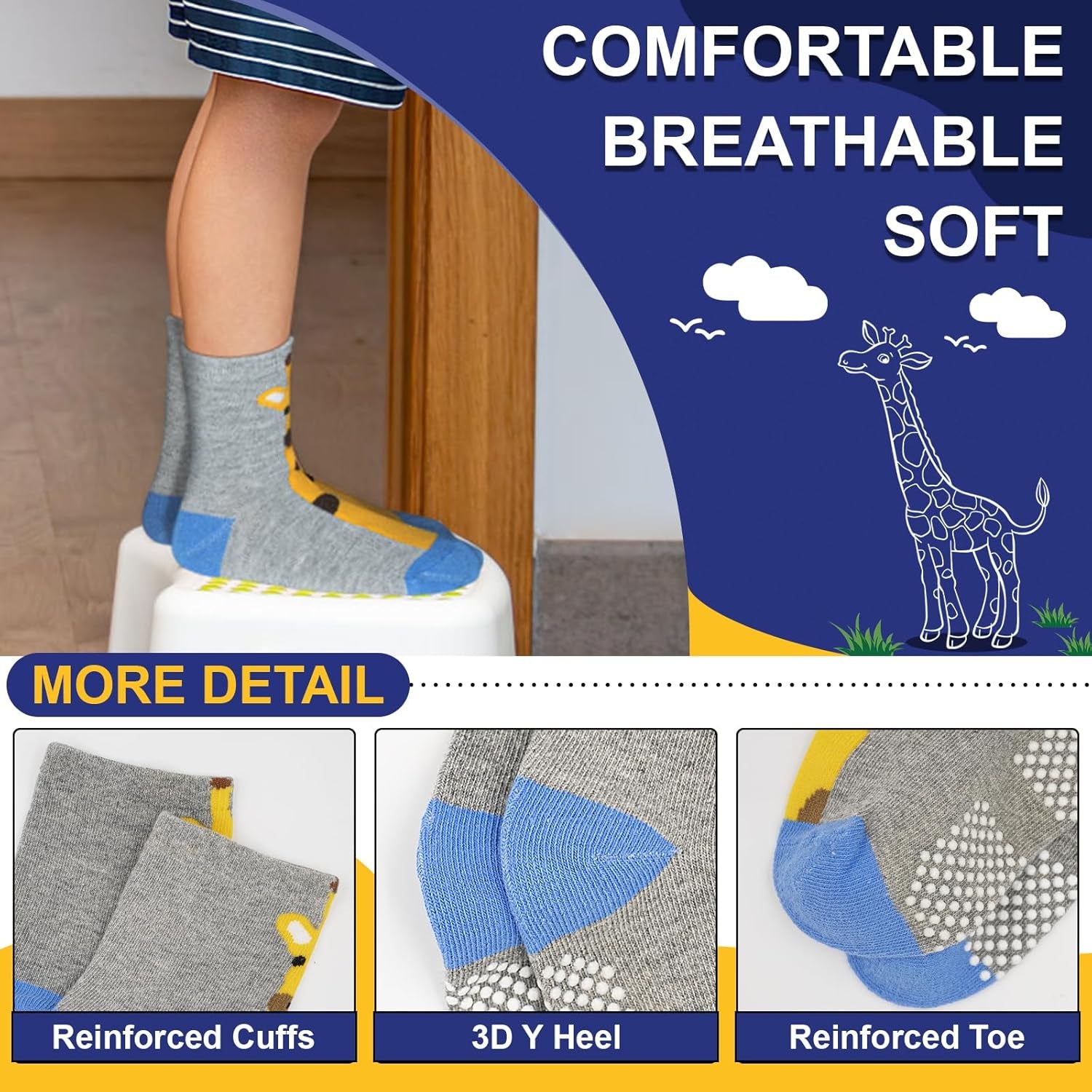 Cozy & Colorful Anti-Slip Toddler Socks - 12 Pairs of Non-Skid Cotton Grip Socks for Boys & Girls (1-7 Years)
