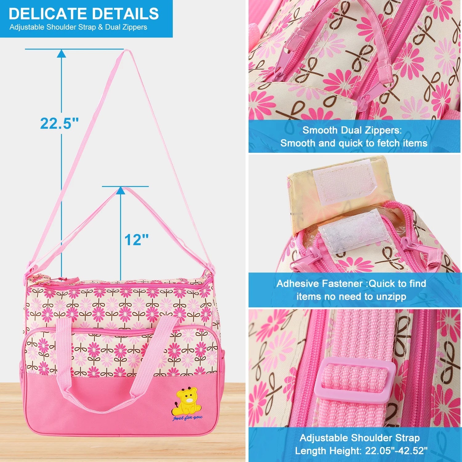 Imountek Stylish Baby Diaper Tote Set - 5 Piece Insulated Nappy Messenger Bag with Handbag & Food/Bottle Bag in Pink