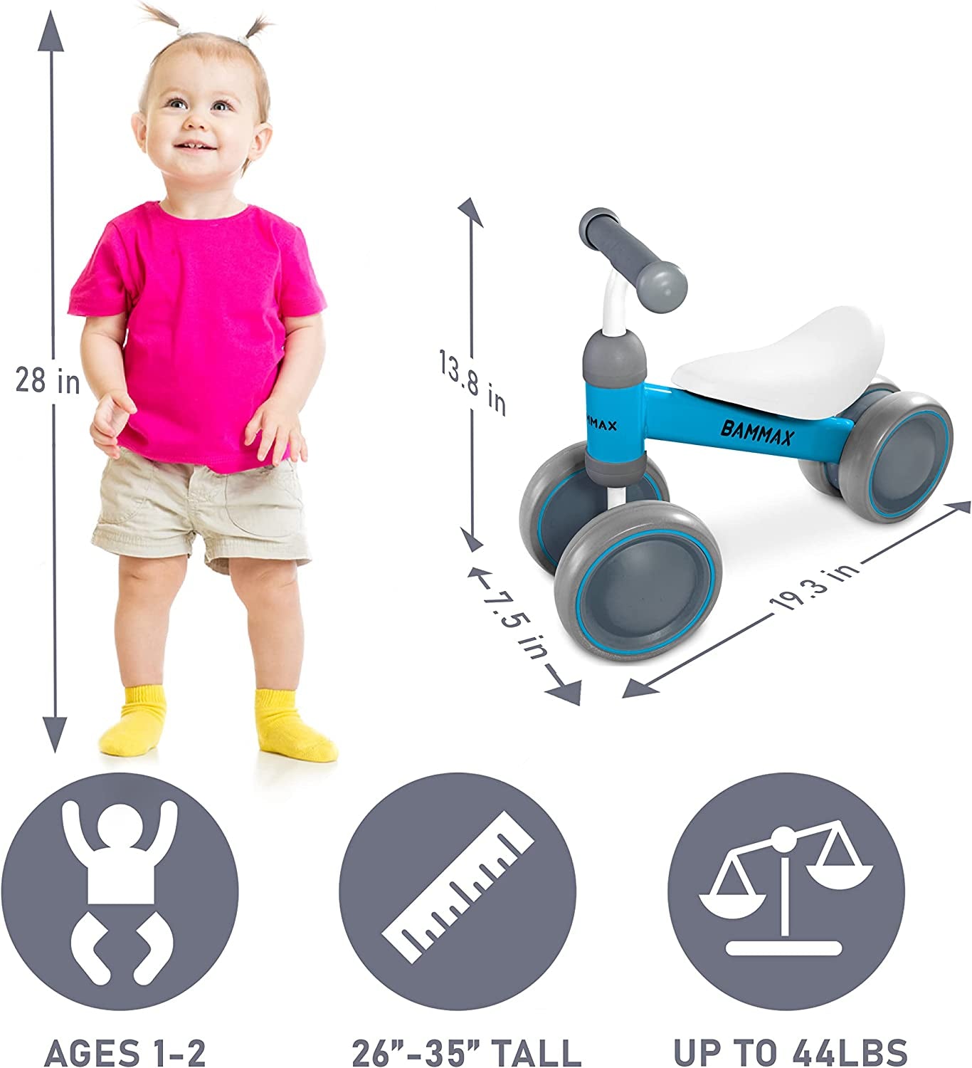 Balance Bike for Toddlers Aged 9-24 Months, Four-Wheeled No-Pedal Bicycle, Ideal First Birthday Gift for Boys and Girls