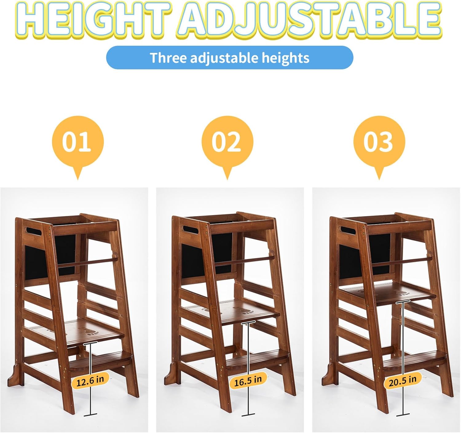 UNICOO Adjustable Bamboo Kids Kitchen Step Stool - The Perfect Learning Tower for Your Growing Toddler in Antique Brown