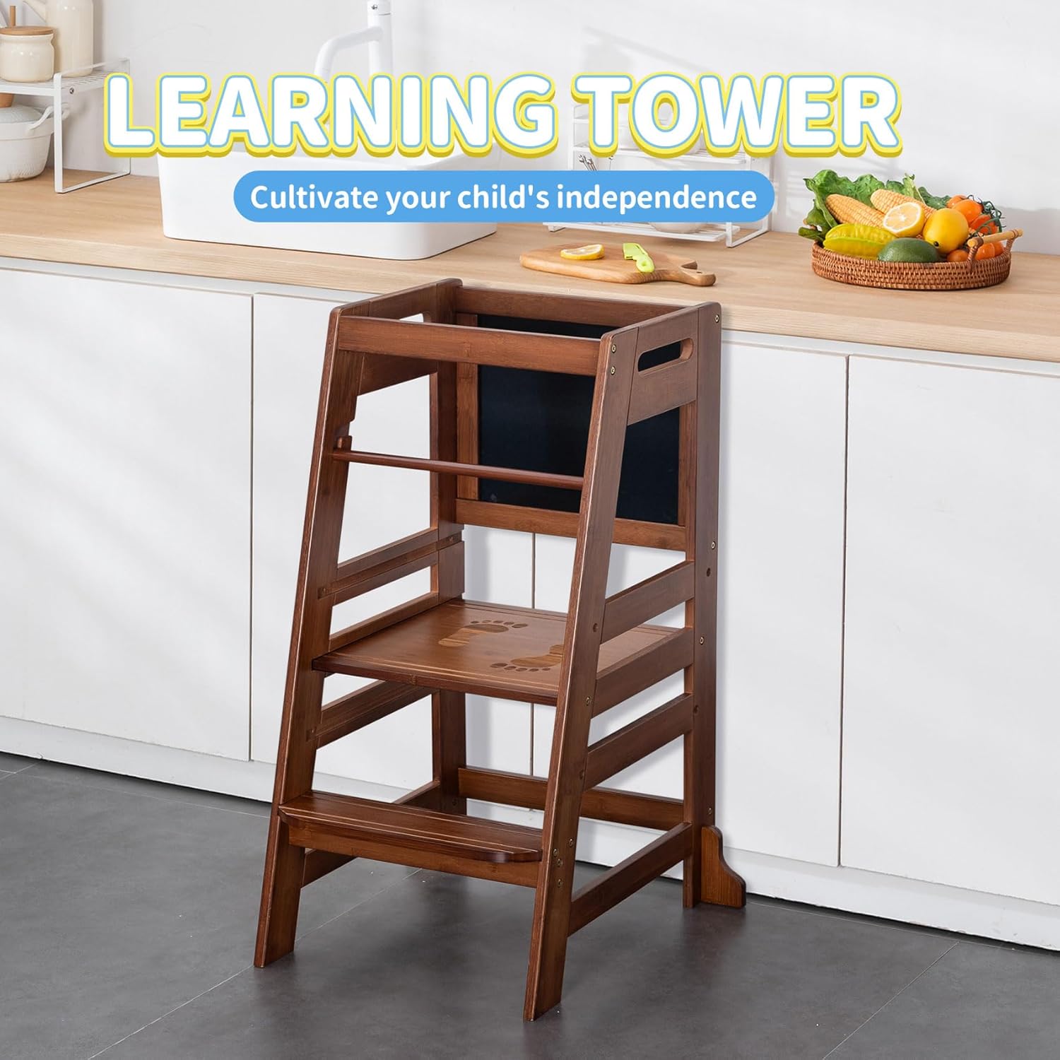 UNICOO Adjustable Bamboo Kids Kitchen Step Stool - The Perfect Learning Tower for Your Growing Toddler in Antique Brown