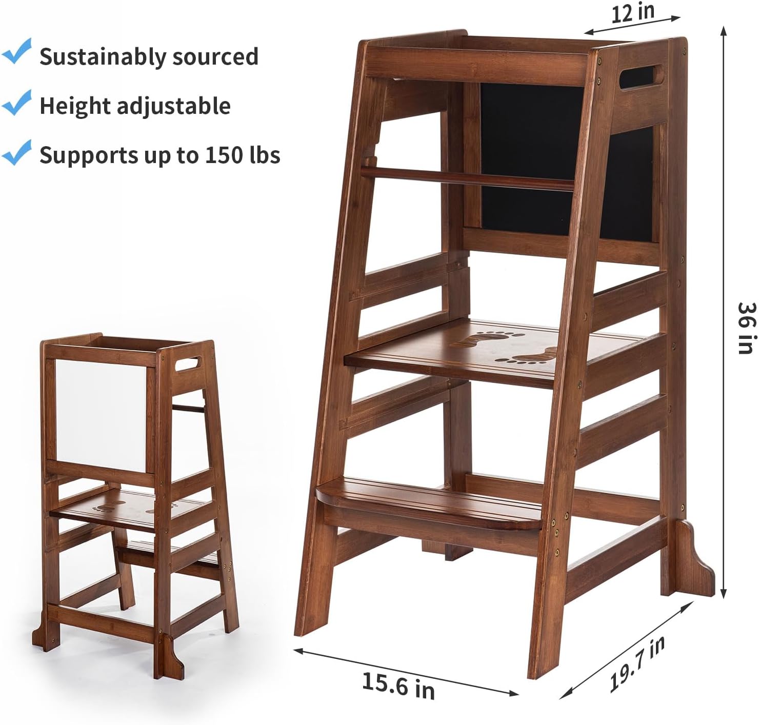 UNICOO Adjustable Bamboo Kids Kitchen Step Stool - The Perfect Learning Tower for Your Growing Toddler in Antique Brown