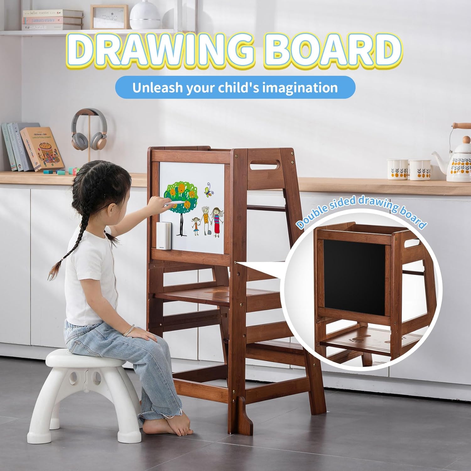 UNICOO Adjustable Bamboo Kids Kitchen Step Stool - The Perfect Learning Tower for Your Growing Toddler in Antique Brown