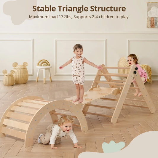 8-in-1 Montessori Climbing Set- Wooden Jungle Gym with Arch, Ramp, Ladder, Tent & Cushion