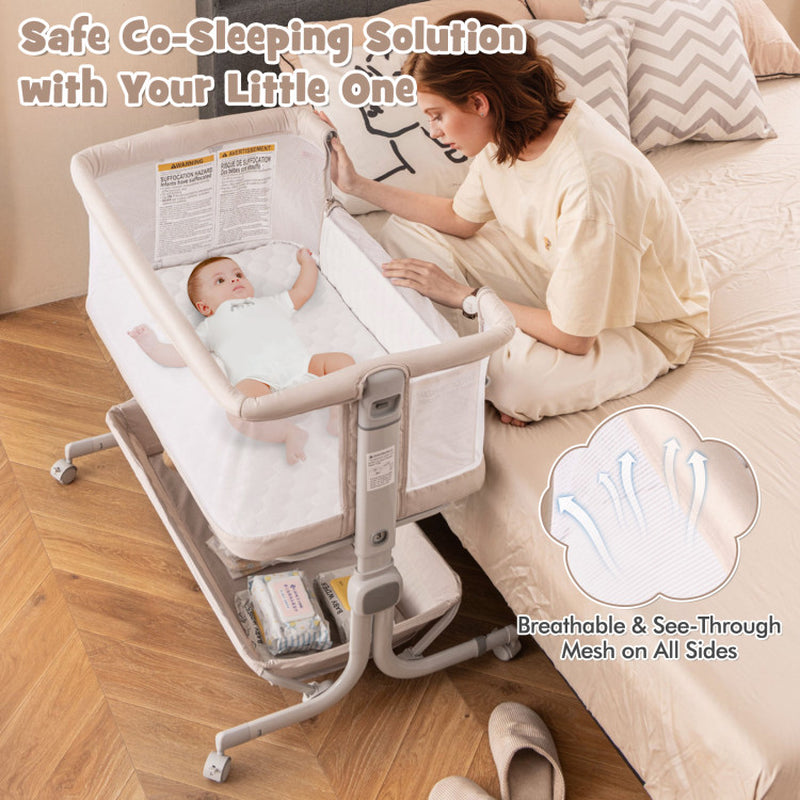 3-in-1 Baby Bassinet Bedside Sleeper with Anti-Reflux Incline & 6-Level Height Adjustment - Cradle, Crib & Bedside Mode (0-6 Month)