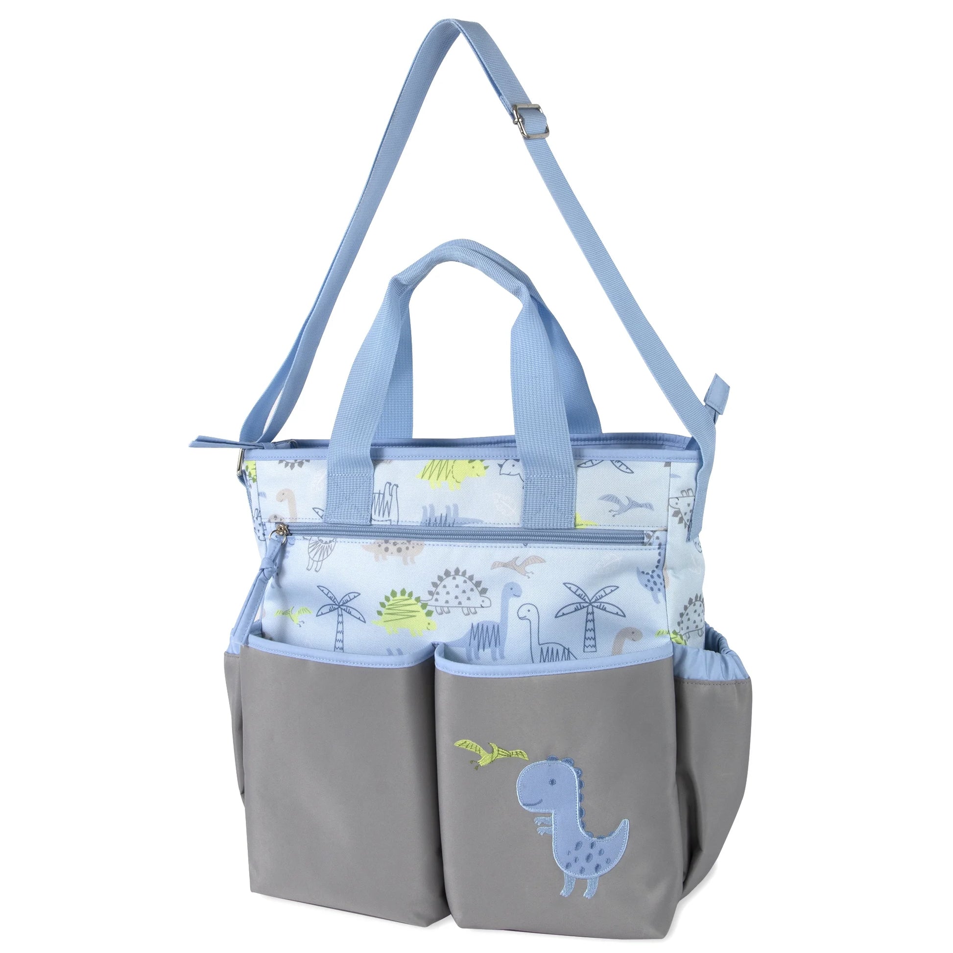 Stylish Blue & Gray Dinosaur Diaper Bag Set - 3-Piece Multi-Pocket Tote with Changing Pad & Pacifier Pouch for Newborns, Infants & Toddlers