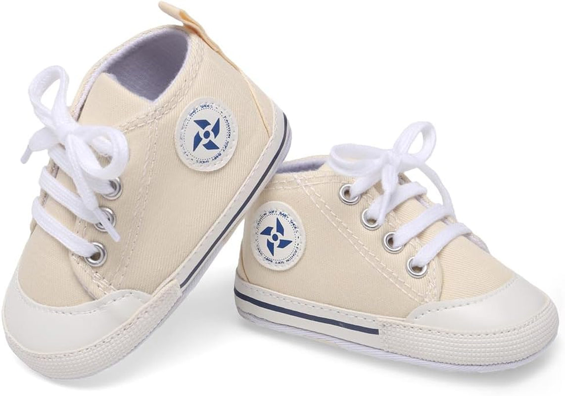 Adorable Baby Boys & Girls Star High Top Sneakers - Soft, Anti-Slip Sole for Newborns & Infants - Stylish Canvas Denim First Walkers (11Cm, A-Beige, 0 Months)