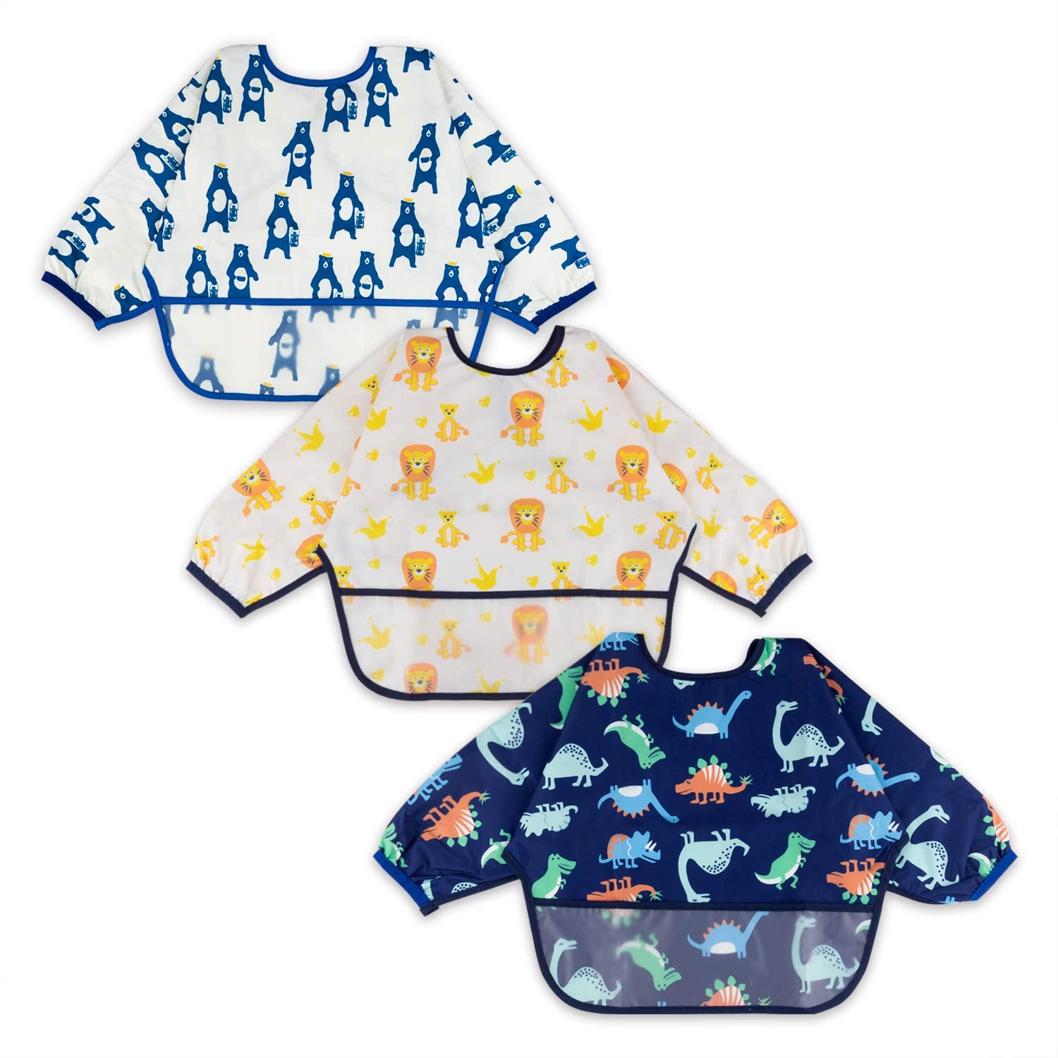 3 Pcs Long Sleeved Bib Set | Baby Waterproof Bibs with Pocket Bundle | Toddler Bib with Sleeves and Crumb Catcher