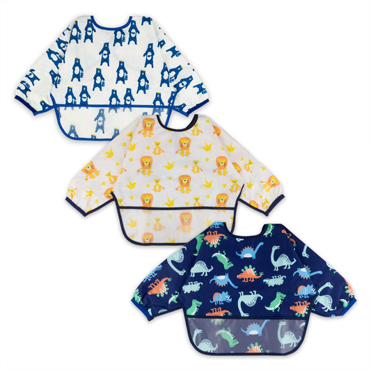 3 Pcs Long Sleeved Bib Set | Baby Waterproof Bibs with Pocket Bundle | Toddler Bib with Sleeves and Crumb Catcher
