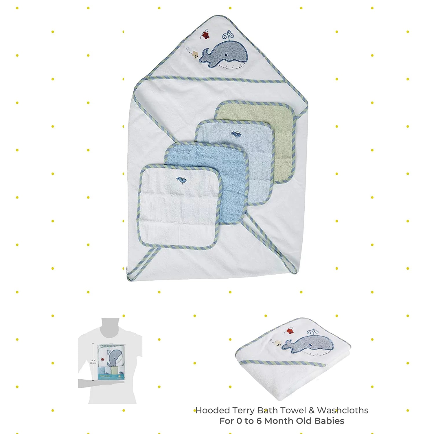 Luxurious Baby Cotton Terry Hooded Towel & Washcloth Set - 5 Piece Bath Essentials in Adorable Blue Whale Design for Newborns and Infants