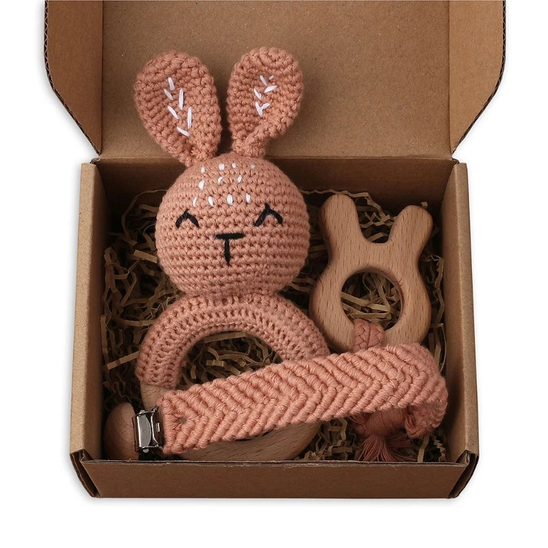 Handmade Crochet Bunny Teether Set- 3PCS Soft & Safe/Natural Beech Wood Baby Rattles