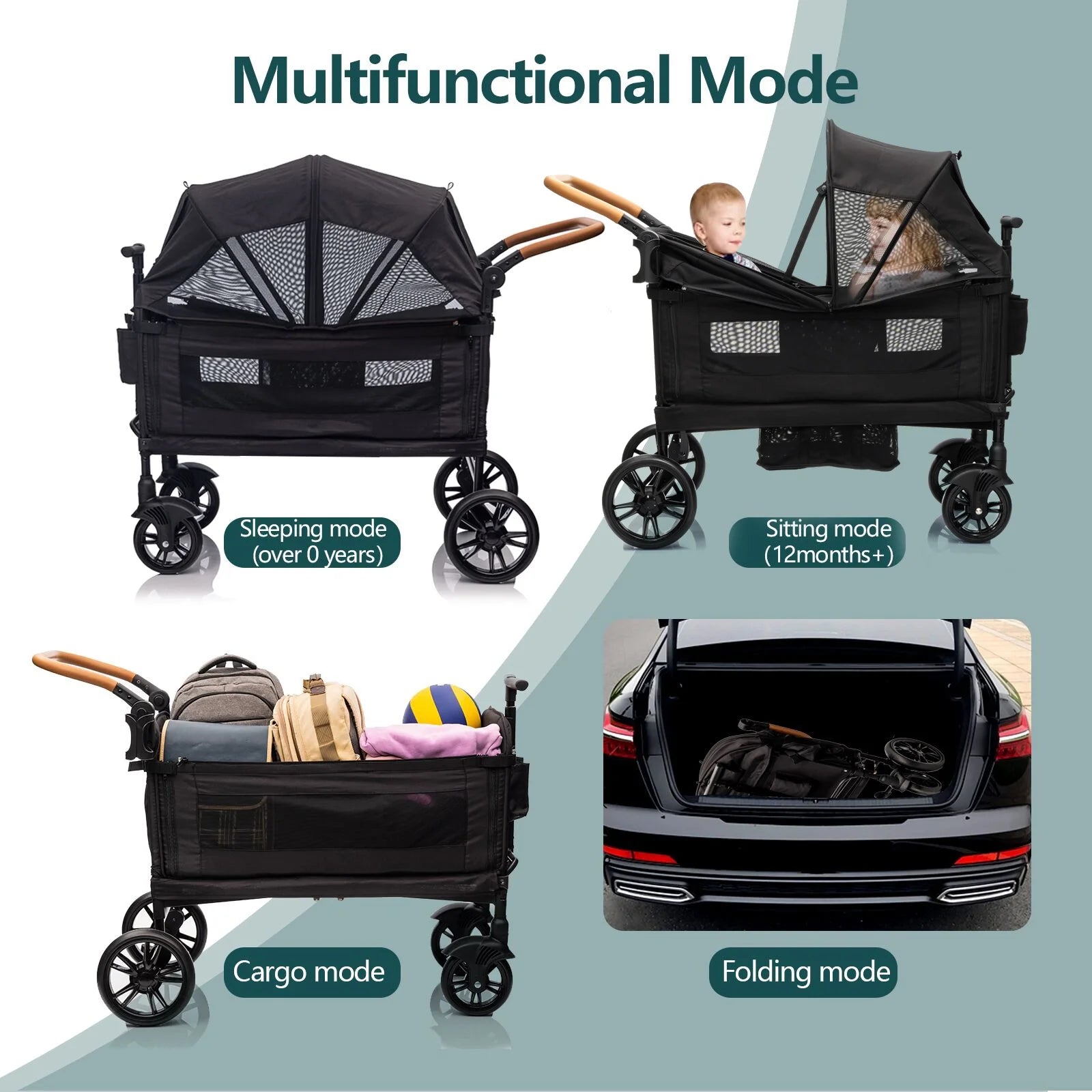 Wagon Stroller for 2 Kids &Toddler with 5-Point Harness,Adjustable Handle Bar and Canopy,Tray Table