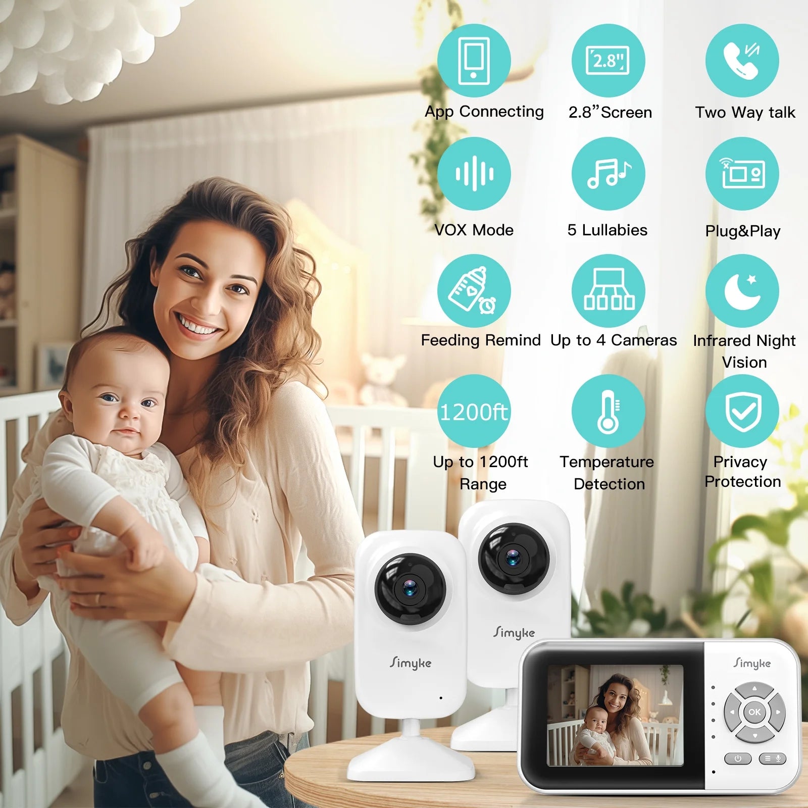 Upgrade Video Baby Monitor with 2 Cameras and Audio 2.8" LCD Screen, Portable Wireless Baby Cam Home Use