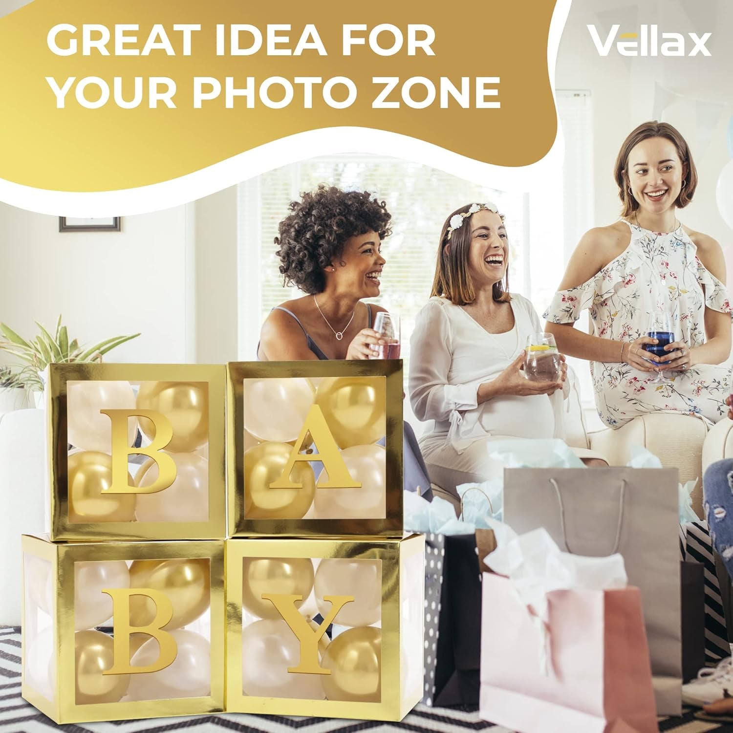 Celebrate in Style with the Vellax 44-Piece Baby Shower Decoration Set – Featuring 32 Elegant Gold & White Balloons, 4 Charming Gold Blocks, and 8 Delightful Letters!