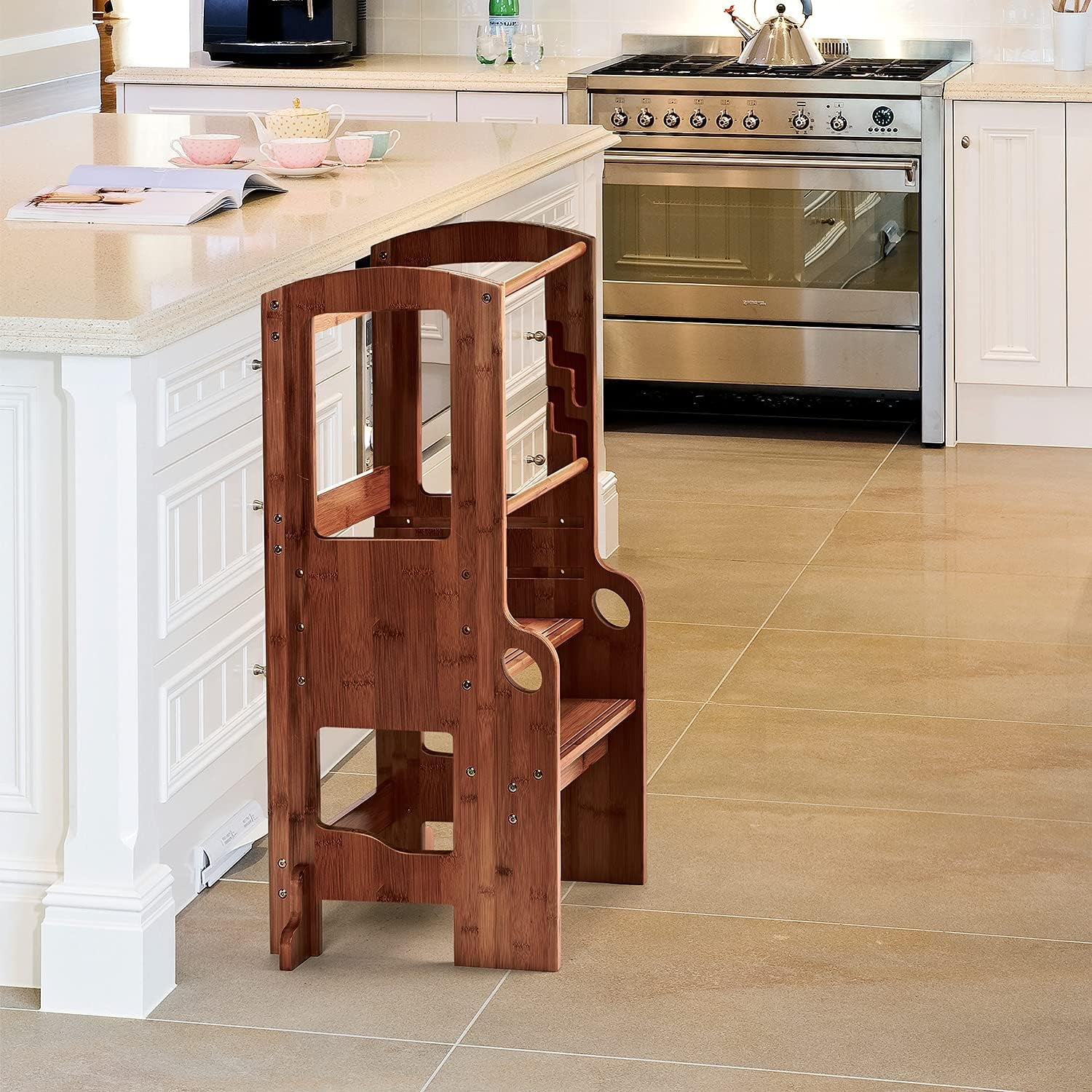 Adjustable Bamboo Step Stool for Toddlers - Safe & Sturdy Kitchen Ladder in Antique Brown