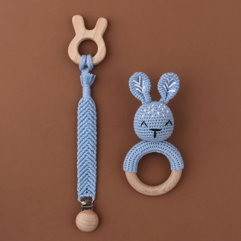Handmade Crochet Bunny Teether Set- 3PCS Soft & Safe/Natural Beech Wood Baby Rattles