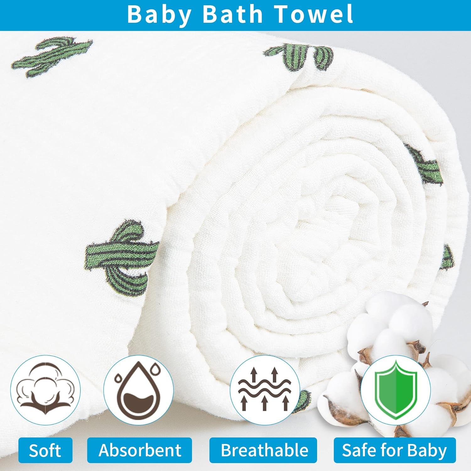 Organic Cotton Hooded Towel for Kids - Soft, 6 - Layer Gauze, Cactus  Design.