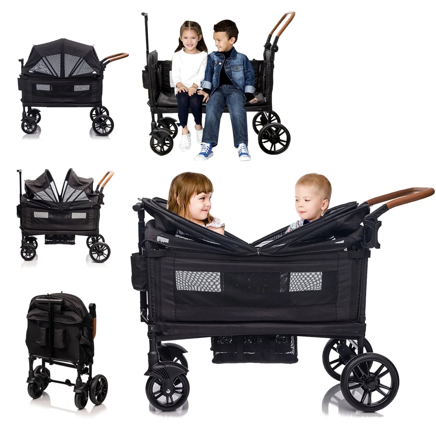 Wagon Stroller for 2 Kids &Toddler with 5-Point Harness,Adjustable Handle Bar and Canopy,Tray Table