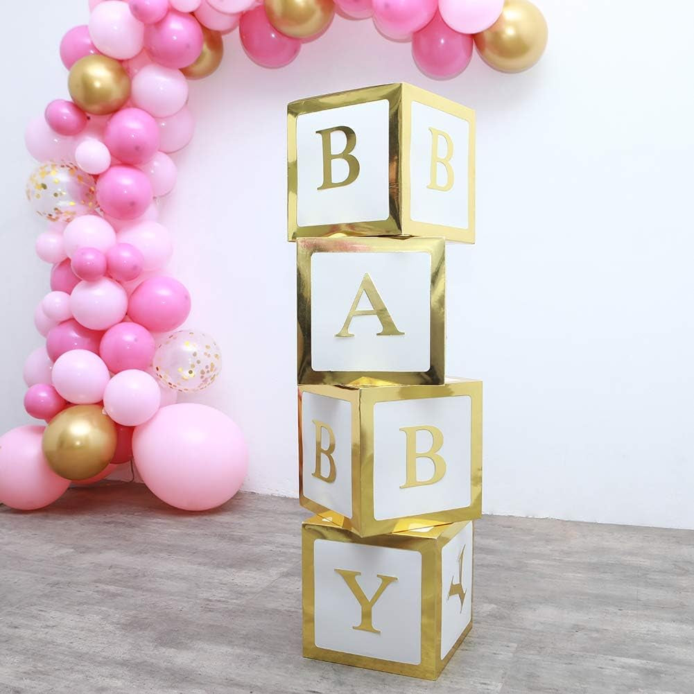 Celebrate in Style with the Vellax 44-Piece Baby Shower Decoration Set – Featuring 32 Elegant Gold & White Balloons, 4 Charming Gold Blocks, and 8 Delightful Letters!