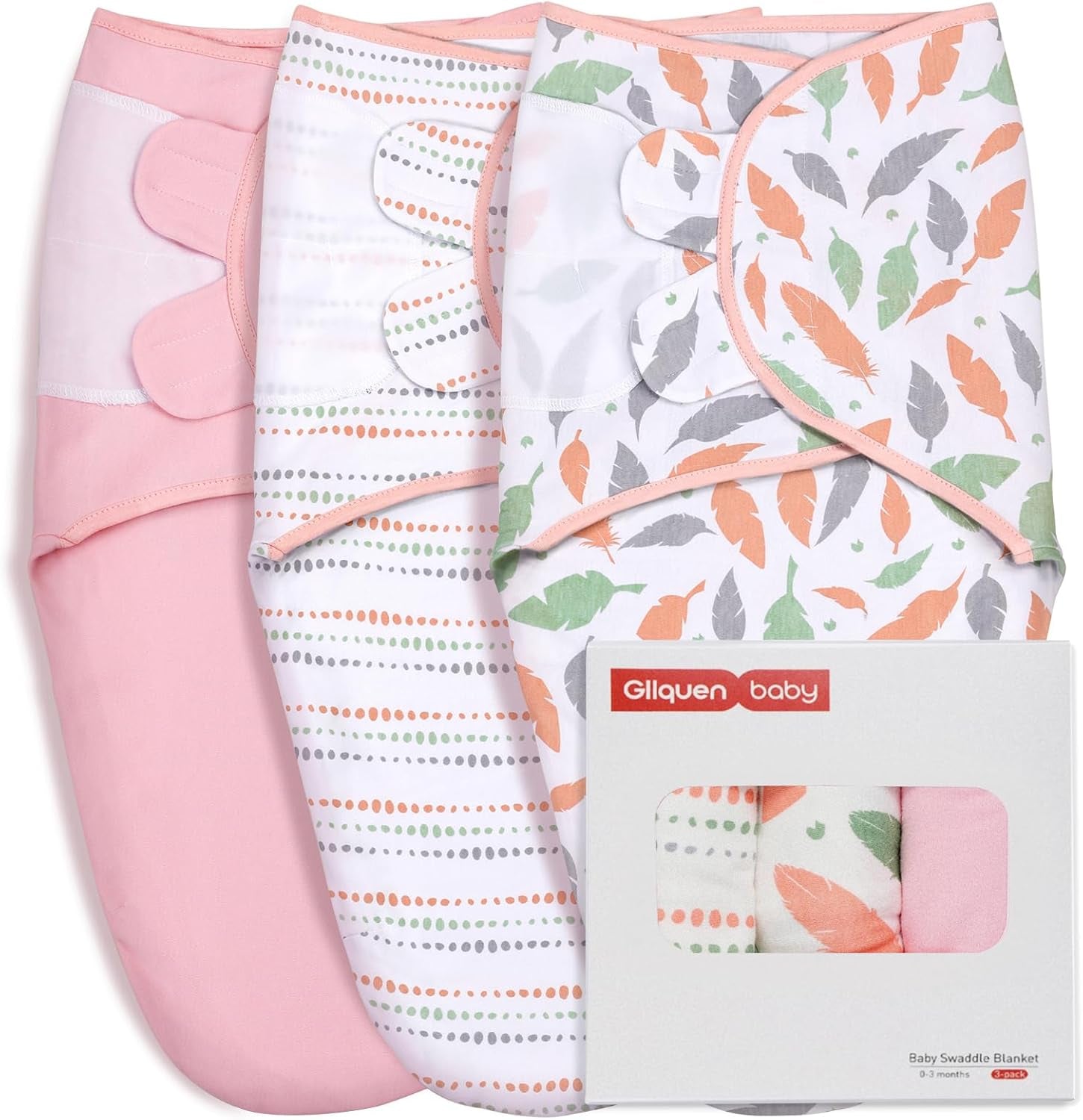 Soft Swaddle Sleep Sacks for Baby Girls - 3 Pack Adjustable Wraps in Cute Feather & Wave Print. Perfect for Newborns 0-3 Months