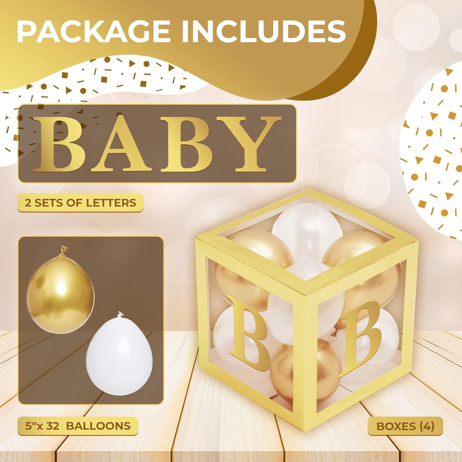Celebrate in Style with the Vellax 44-Piece Baby Shower Decoration Set – Featuring 32 Elegant Gold & White Balloons, 4 Charming Gold Blocks, and 8 Delightful Letters!