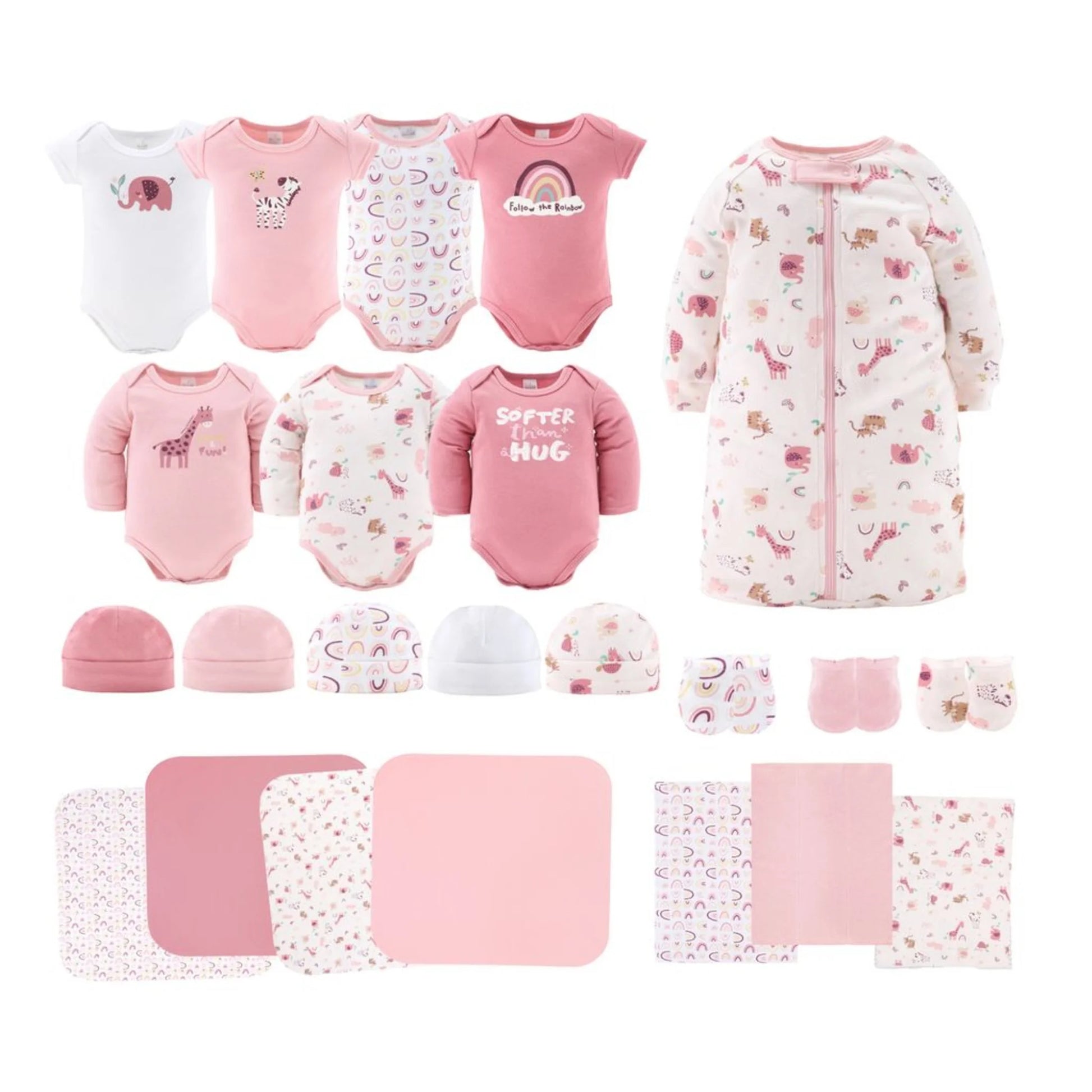 Adorable Peanutshell Newborn Layette Gift Set for Baby Girls - 23 Essential Pieces in Pink Rainbow Safari Animals (0-3 Months)