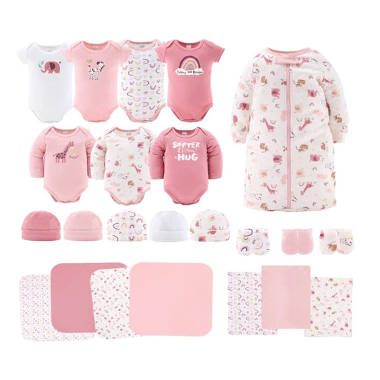 Adorable Peanutshell Newborn Layette Gift Set for Baby Girls - 23 Essential Pieces in Pink Rainbow Safari Animals (0-3 Months)