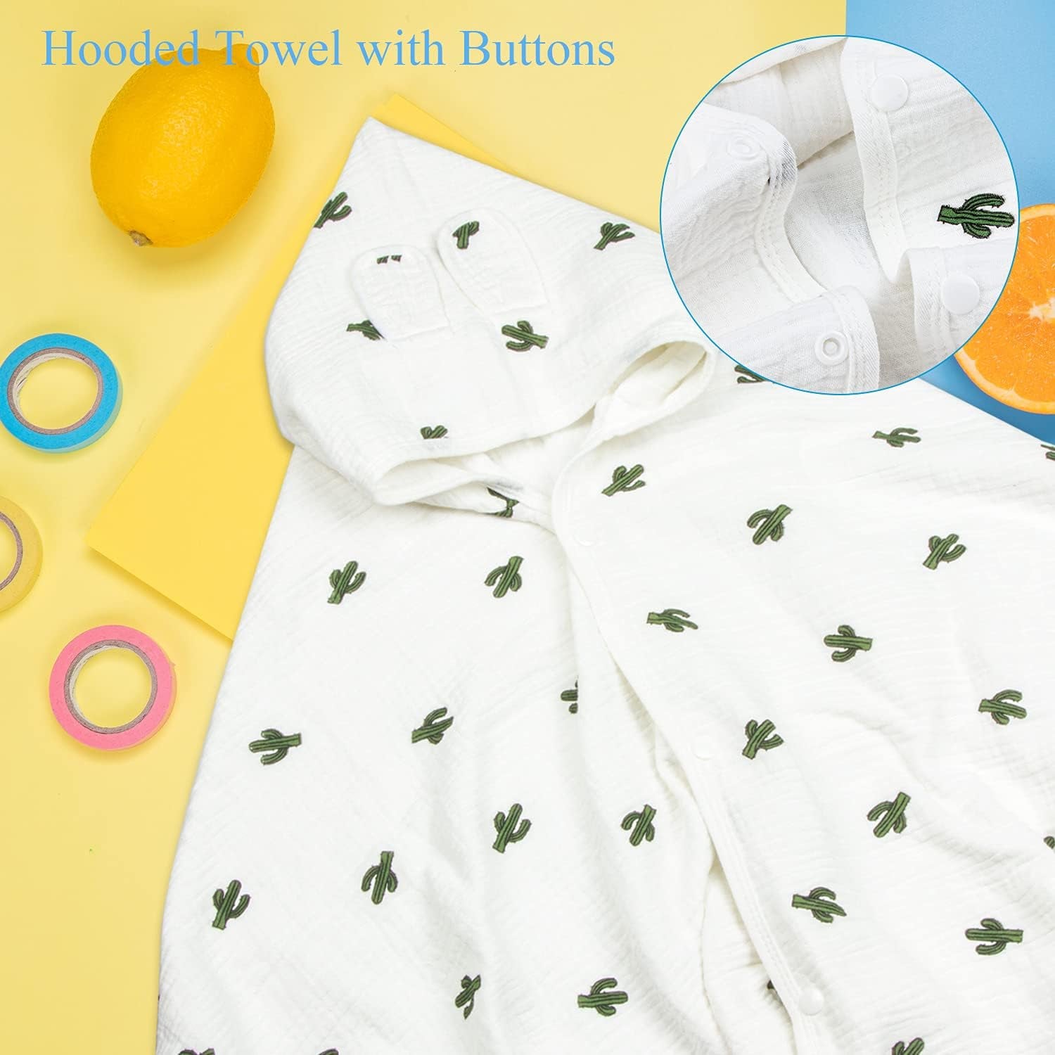 Organic Cotton Hooded Towel for Kids - Soft, 6 - Layer Gauze, Cactus  Design.