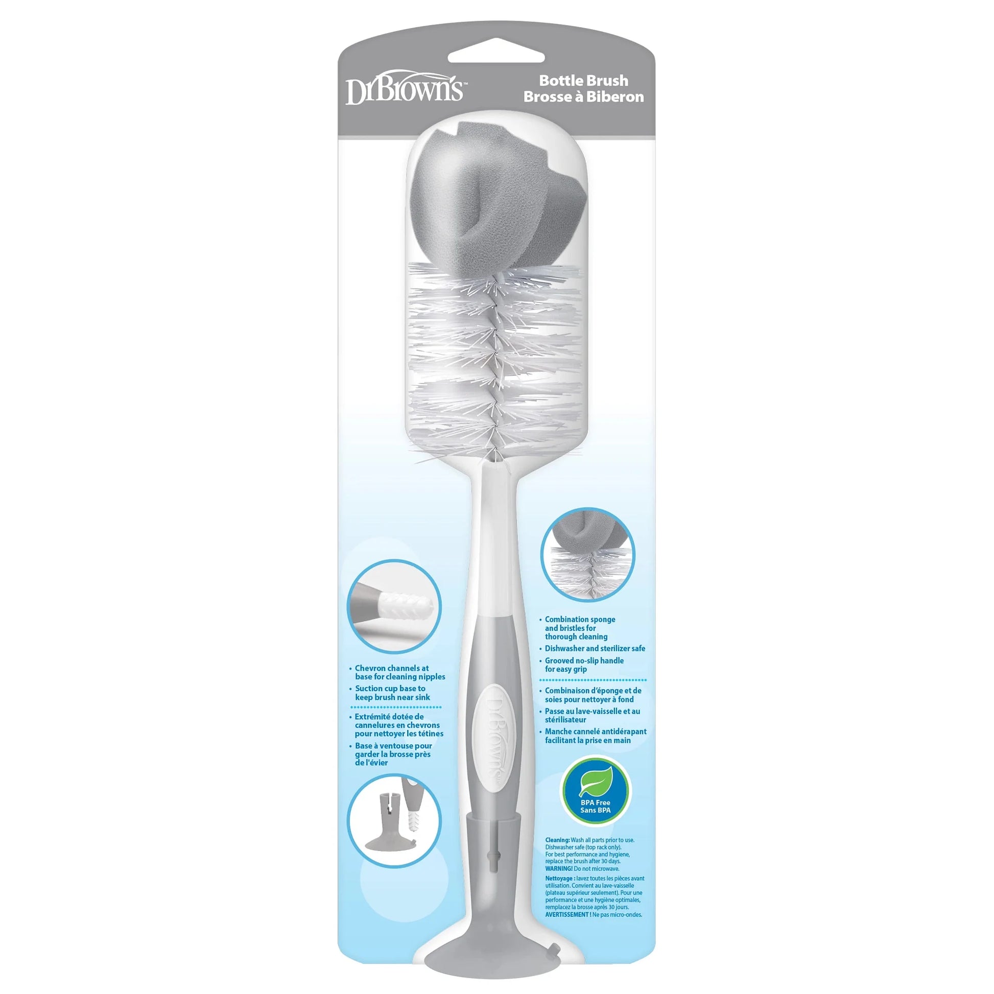 Dr. Brown's 4-in-1 Baby Bottle Cleaning Brush-Suction Stand, Sponge Brush & Nipple Cleaner (Gray)