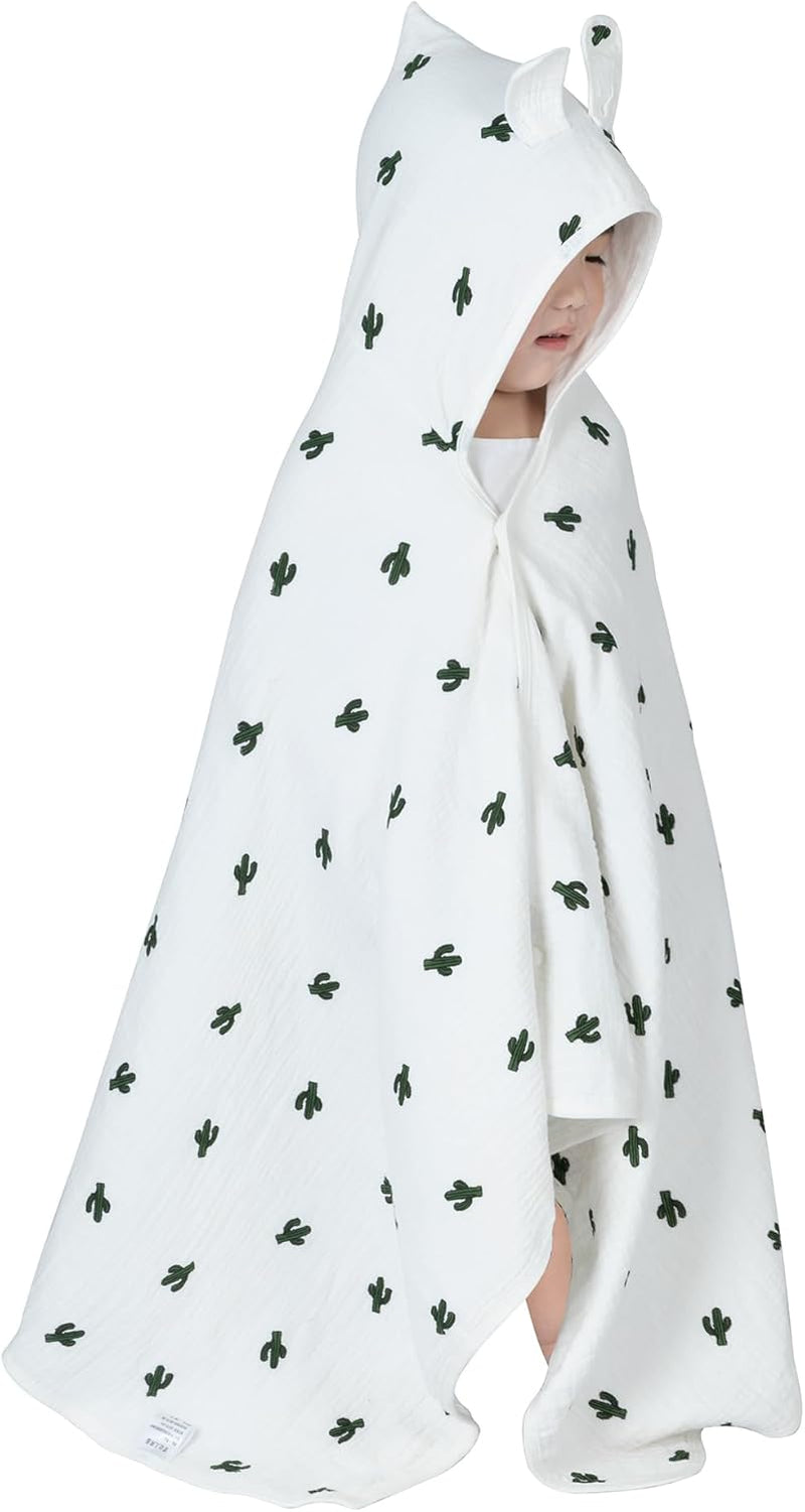 Organic Cotton Hooded Towel for Kids - Soft, 6 - Layer Gauze, Cactus  Design.