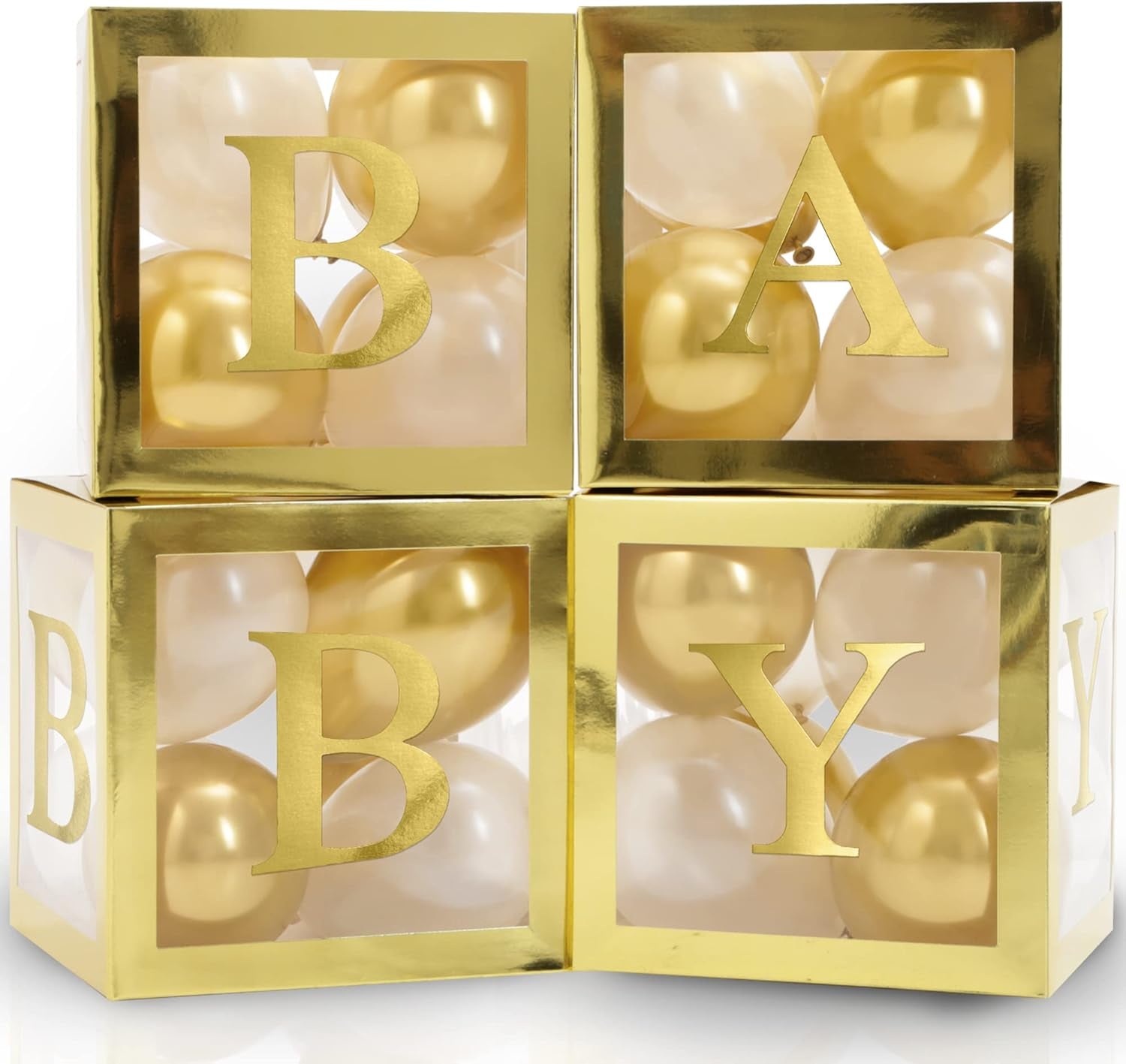 Celebrate in Style with the Vellax 44-Piece Baby Shower Decoration Set – Featuring 32 Elegant Gold & White Balloons, 4 Charming Gold Blocks, and 8 Delightful Letters!