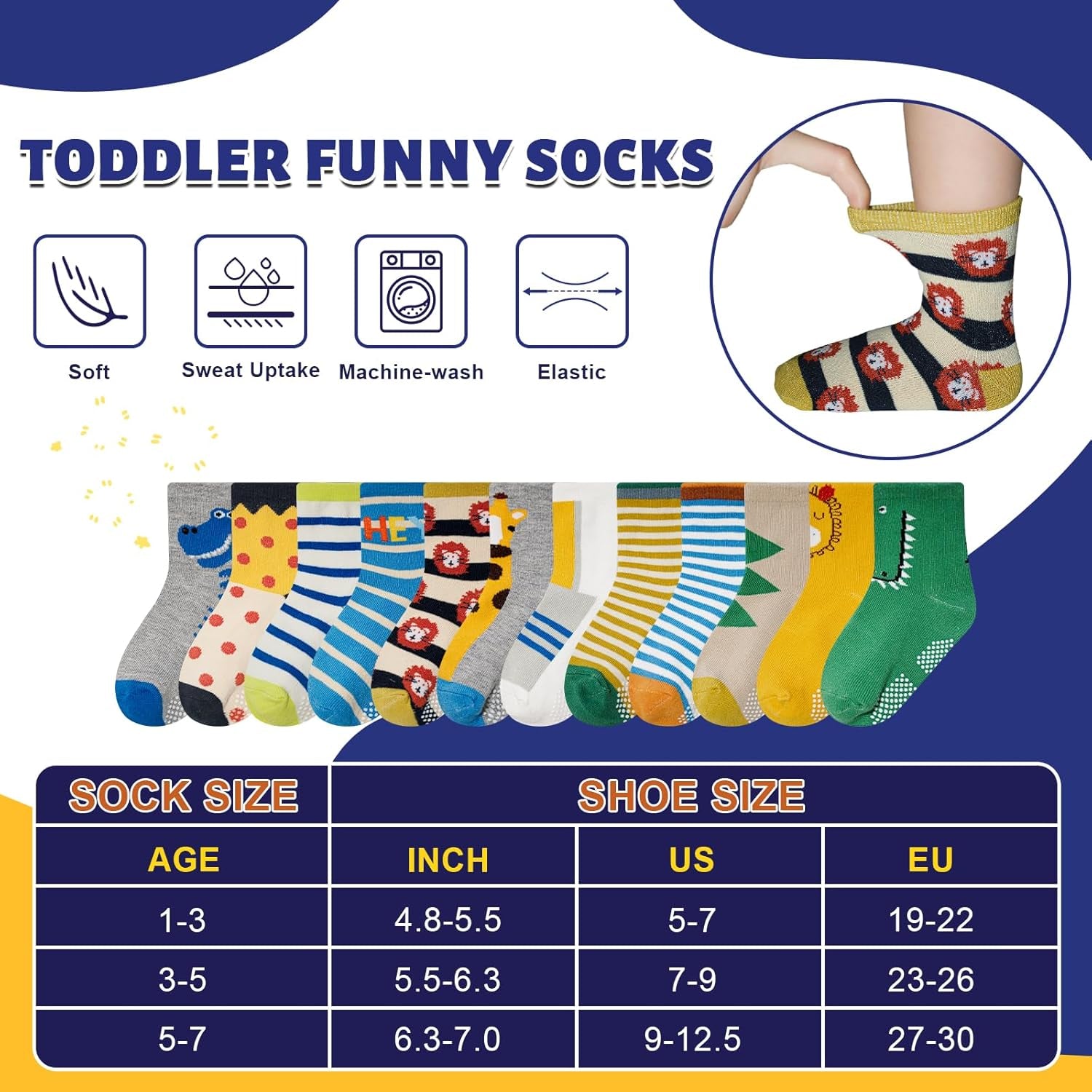 Cozy & Colorful Anti-Slip Toddler Socks - 12 Pairs of Non-Skid Cotton Grip Socks for Boys & Girls (1-7 Years)