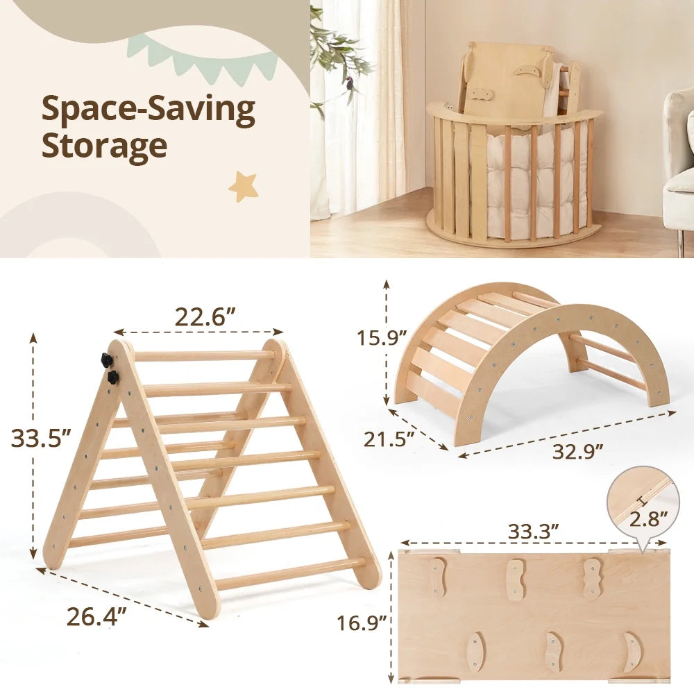 8-in-1 Montessori Climbing Set- Wooden Jungle Gym with Arch, Ramp, Ladder, Tent & Cushion