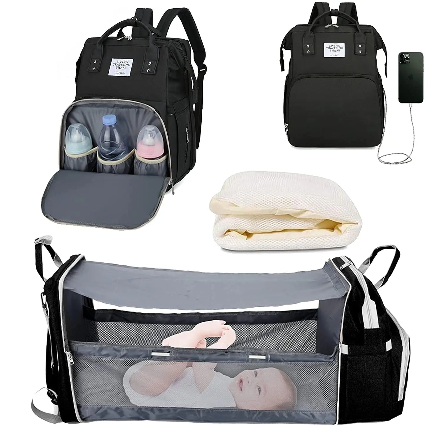 Ultimate 3-in-1 Diaper Bag Backpack: Foldable Baby Bed, Waterproof Travel Companion with USB Charging