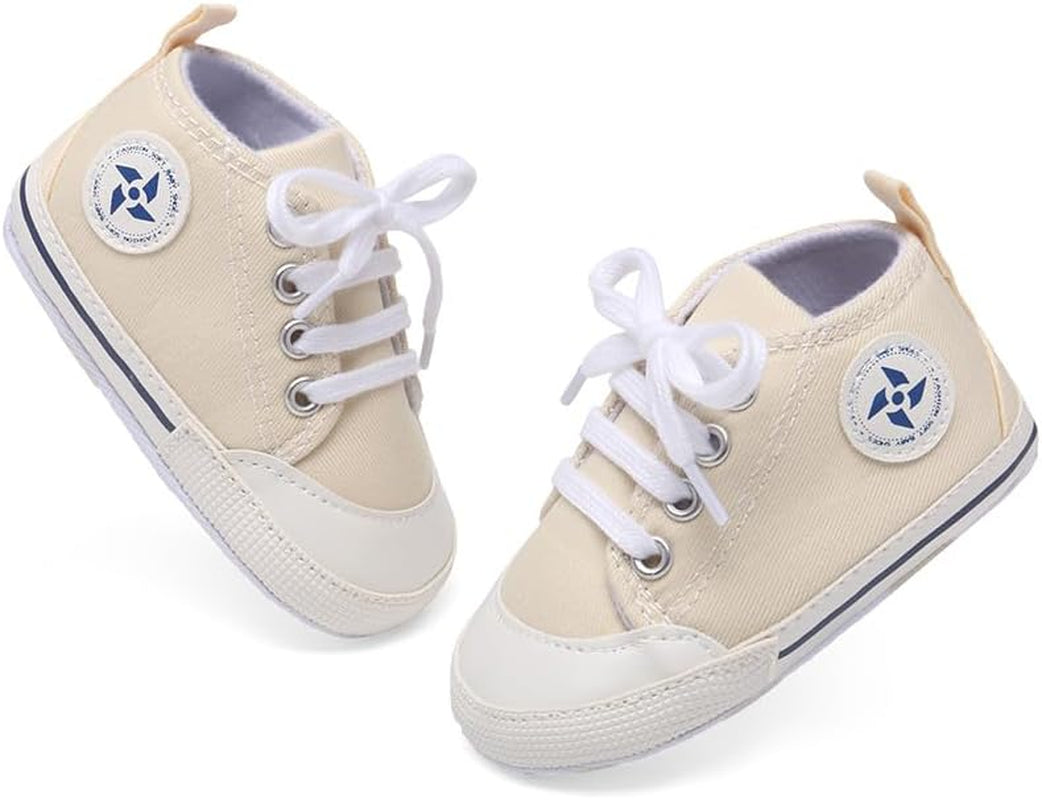 Adorable Baby Boys & Girls Star High Top Sneakers - Soft, Anti-Slip Sole for Newborns & Infants - Stylish Canvas Denim First Walkers (11Cm, A-Beige, 0 Months)