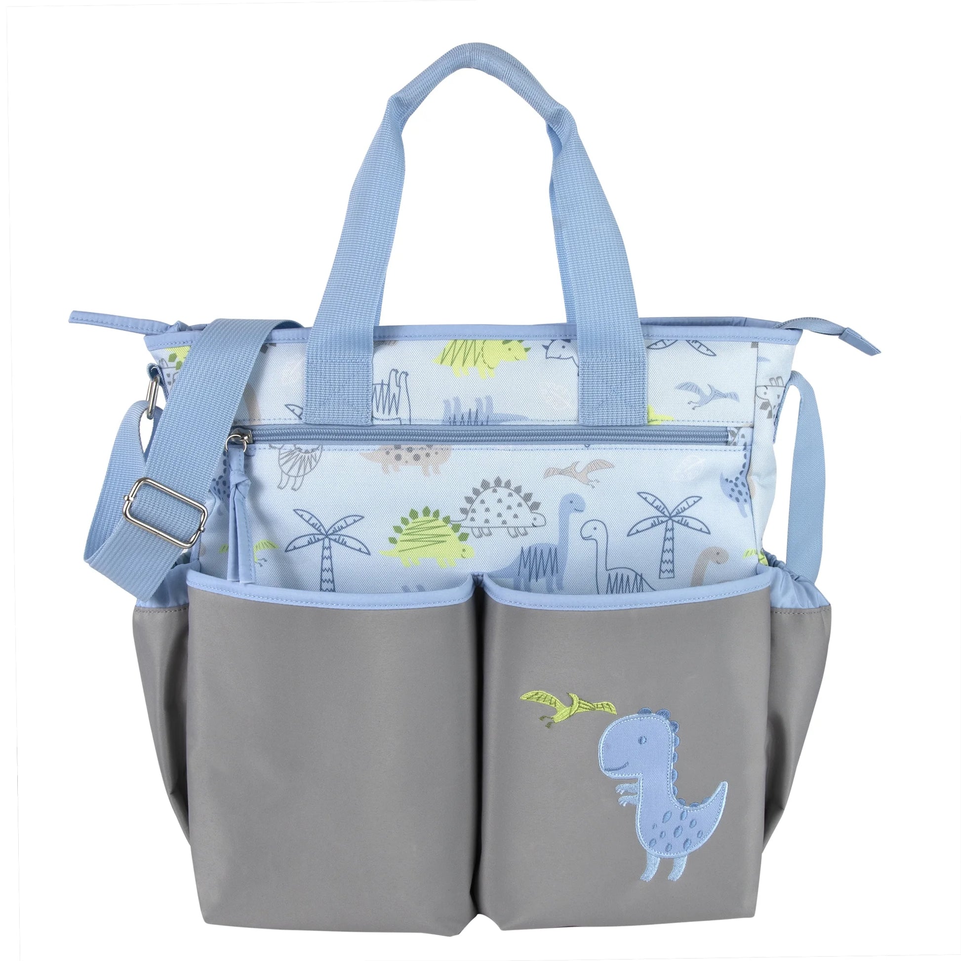 Stylish Blue & Gray Dinosaur Diaper Bag Set - 3-Piece Multi-Pocket Tote with Changing Pad & Pacifier Pouch for Newborns, Infants & Toddlers