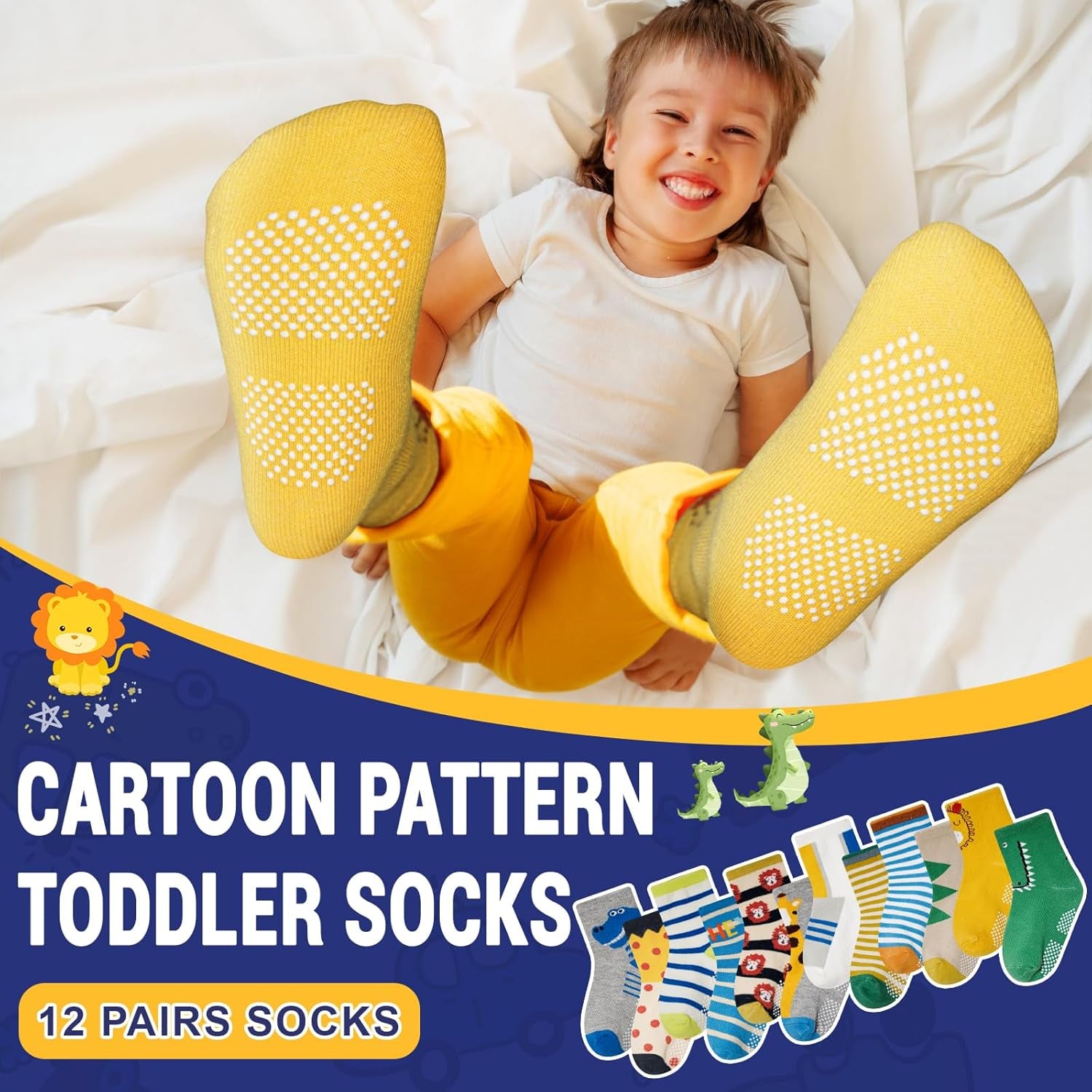 Cozy & Colorful Anti-Slip Toddler Socks - 12 Pairs of Non-Skid Cotton Grip Socks for Boys & Girls (1-7 Years)