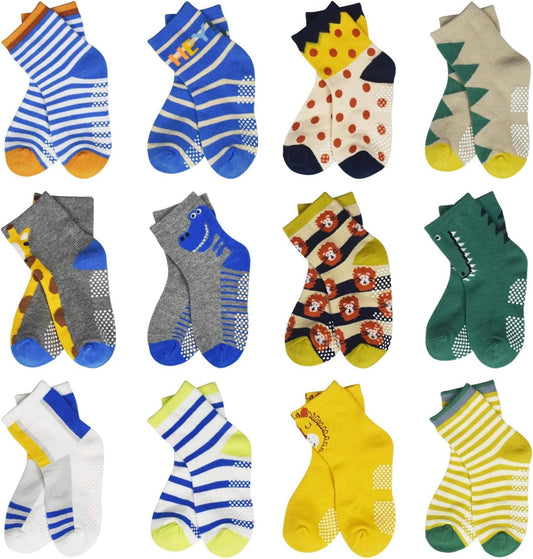 Cozy & Colorful Anti-Slip Toddler Socks - 12 Pairs of Non-Skid Cotton Grip Socks for Boys & Girls (1-7 Years)