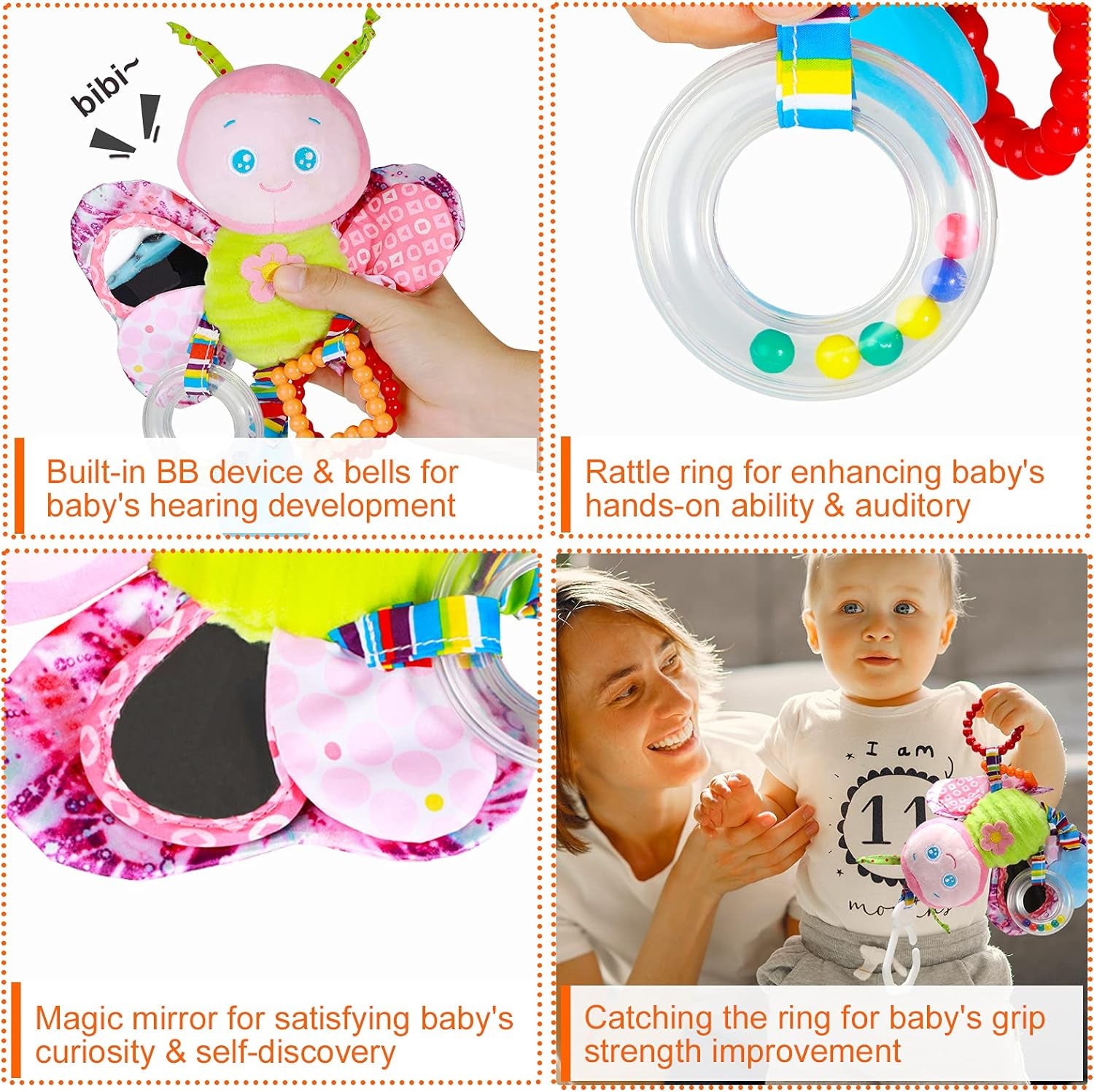 Premium Baby Stroller and Car Seat Toy - Plush Rattle with Teether for Infants Aged 3-12 Months, Ideal for All Genders