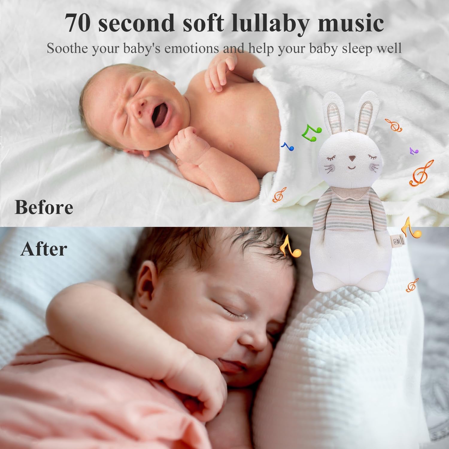 COTTONEBEBE Organic Mrs. Bunny Stuffed Animal with Lullaby Music - Perfect Gift for Infants 0-36 Months, Safe for Boys & Girls