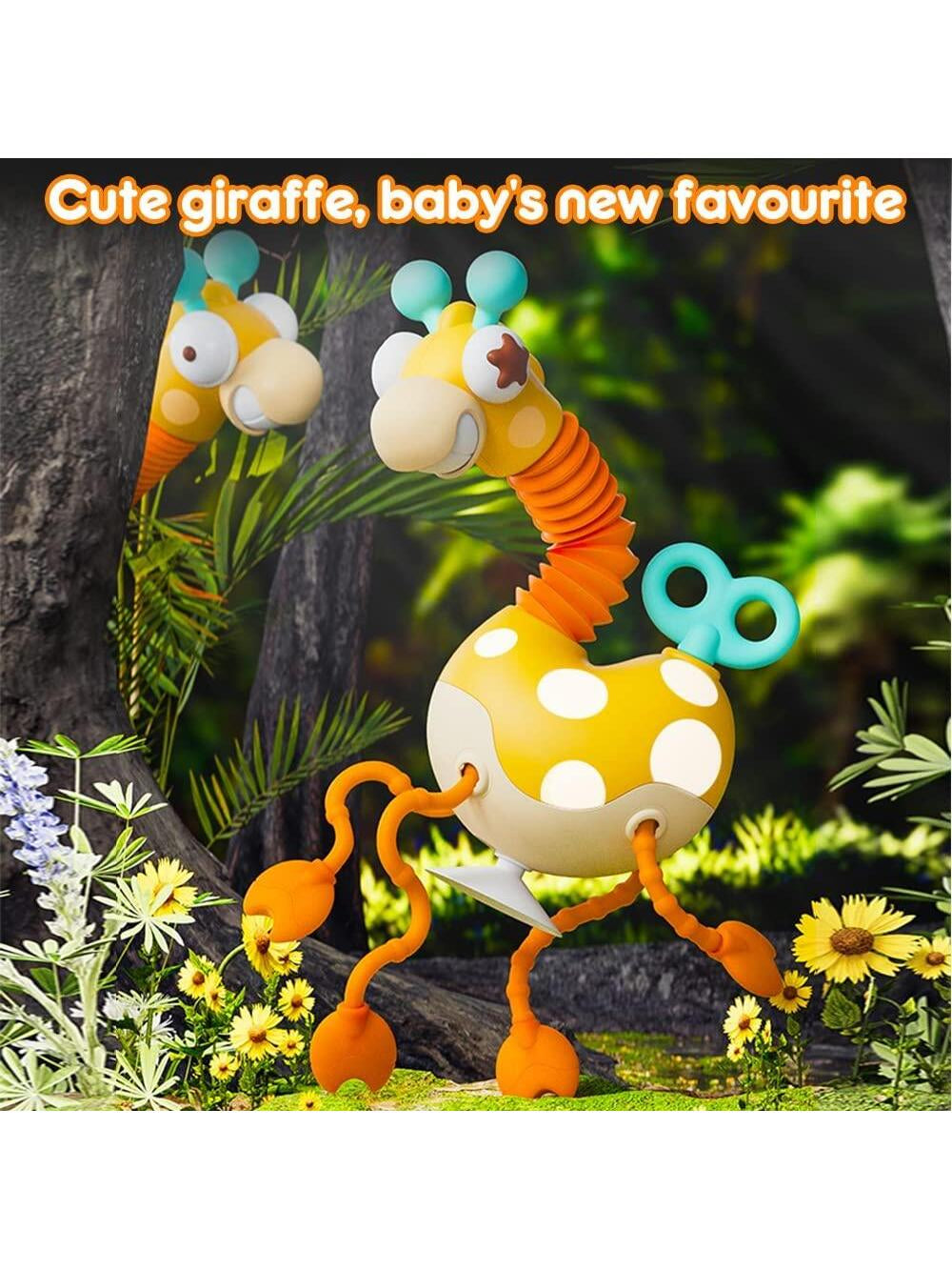 VATOS Baby Sensory Toys Montessori Safe Silicone Pull String Activity Toy Giraffe Toy with Twisting Clockwork & Neck Pop Tube for Fine Motor Skills Travel Toys for Babies Infants Toddlers 18M+