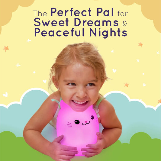 Remote Control Silicone Night Light for Children - Cat Design with 9 Soft Color Options & Sleep Timer - Rechargeable, Battery-Operated Lamp for Bedrooms and Nurseries