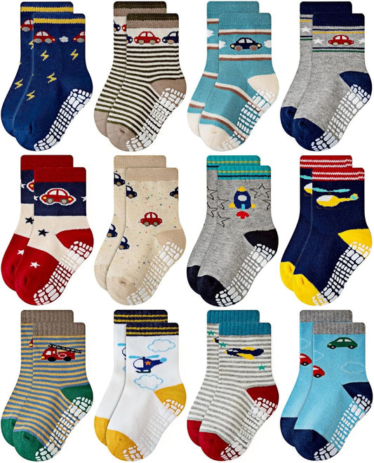 Non Skid anti Slip Crew Socks with Grips for Baby Infant Toddlers Kids Boys