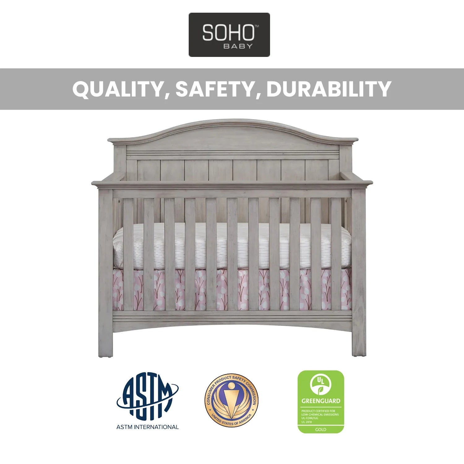 Soho Baby 4-in-1 Convertible Crib- Timeless Finish Stone wash Finish. Grows with Your Little One