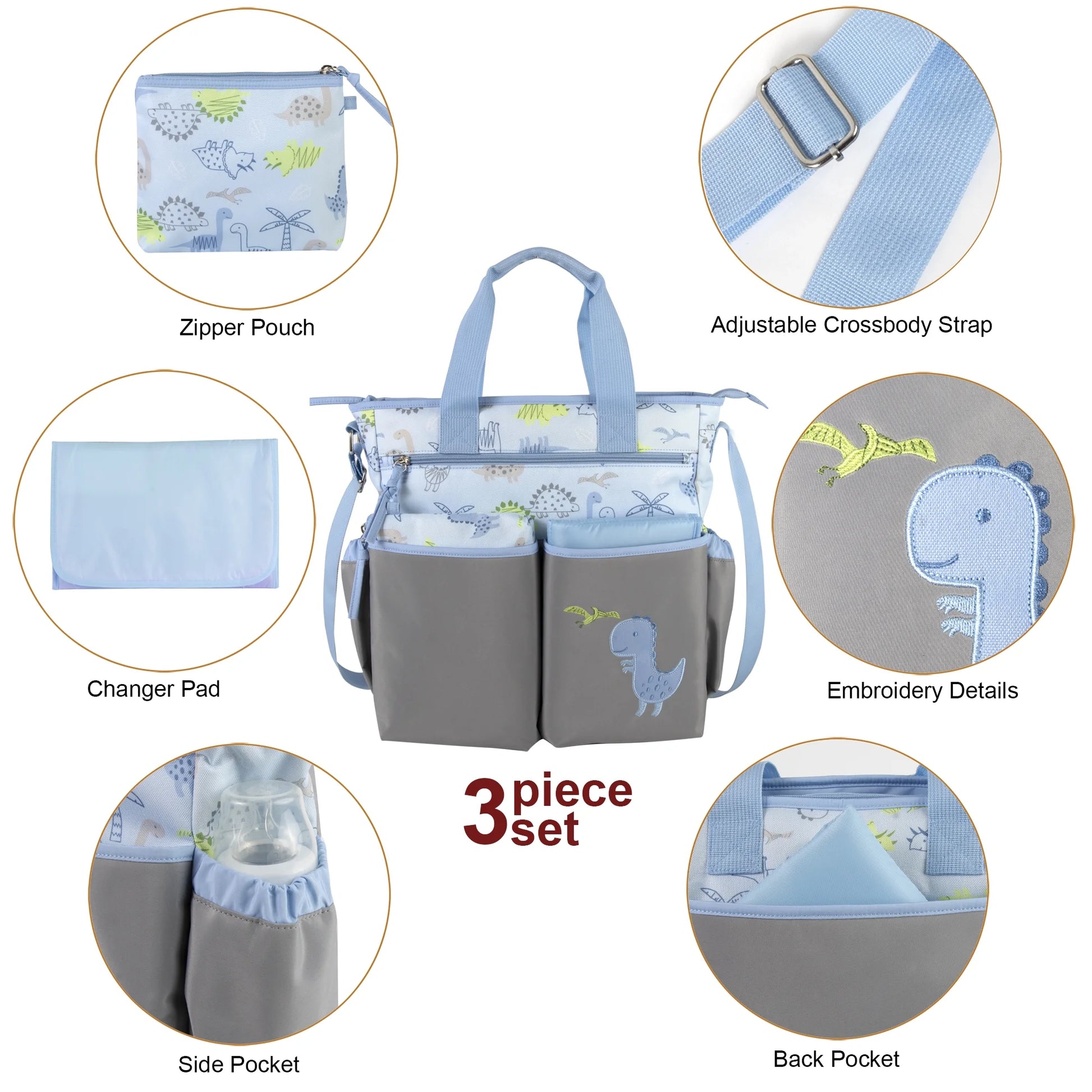 Stylish Blue & Gray Dinosaur Diaper Bag Set - 3-Piece Multi-Pocket Tote with Changing Pad & Pacifier Pouch for Newborns, Infants & Toddlers