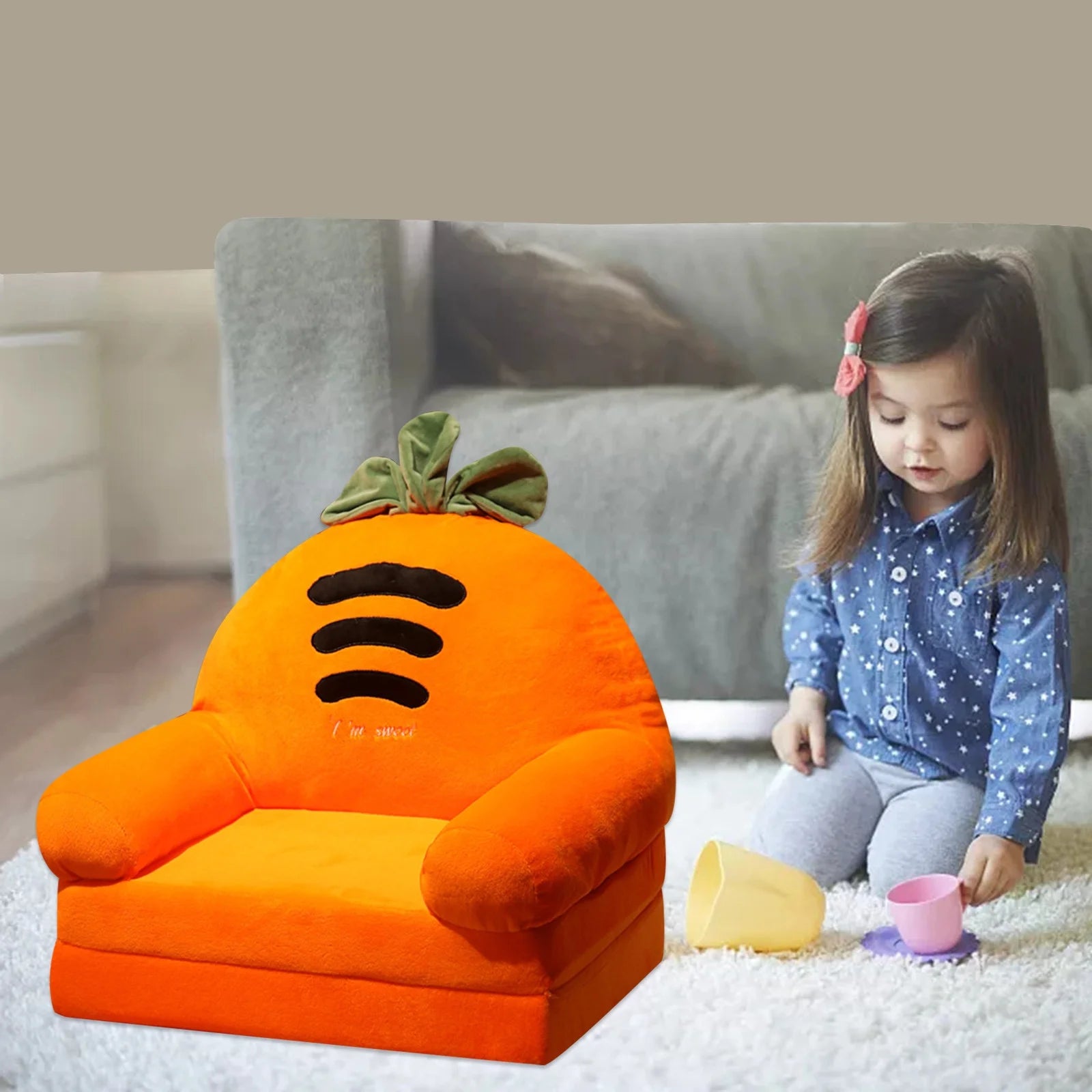 2-in-1 Flip Open Foam Sofa Cover for Kids - Comfortable Folding Seat Cushion in Vibrant Orange